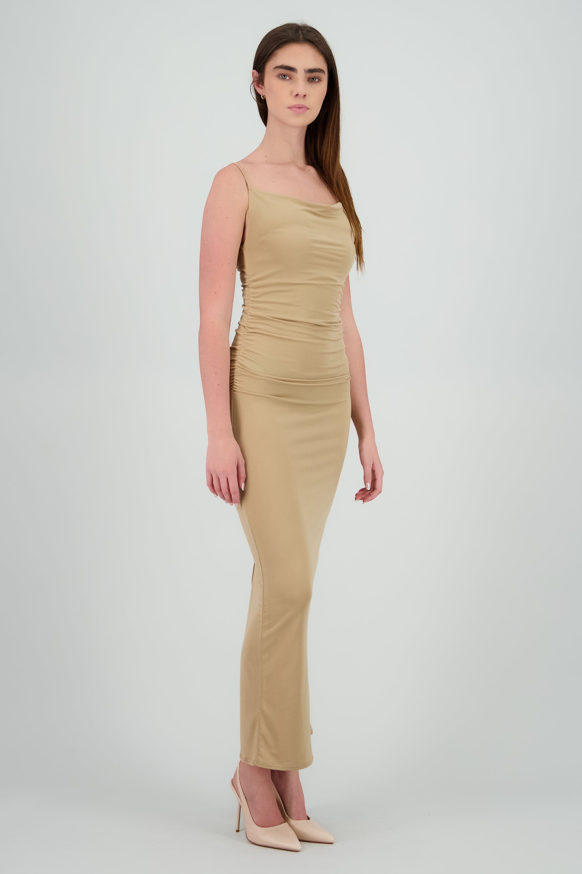 Vestido maxi mesh drapeado tirantes BEIGE