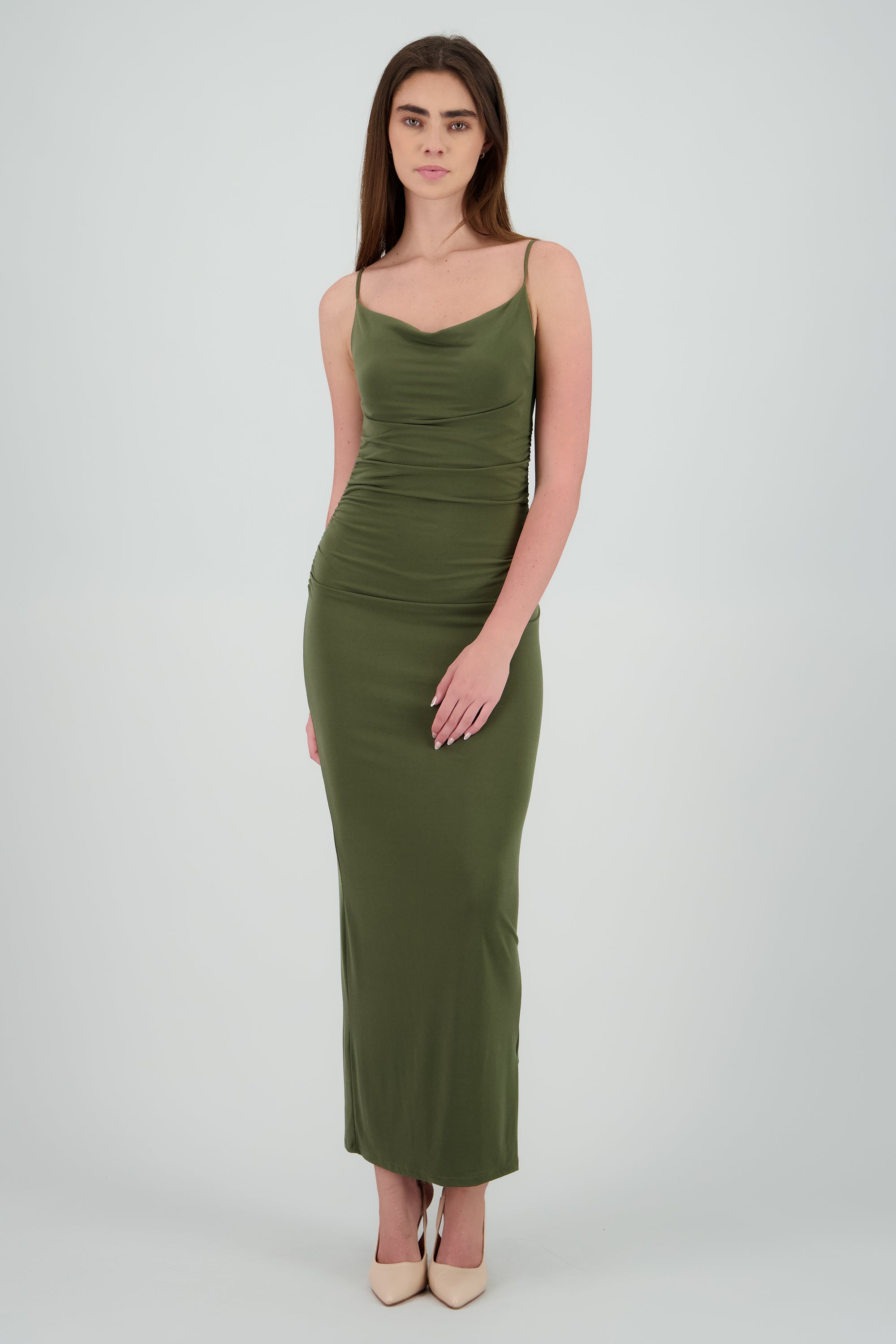 Vestido maxi mesh drapeado tirantes OLIVO