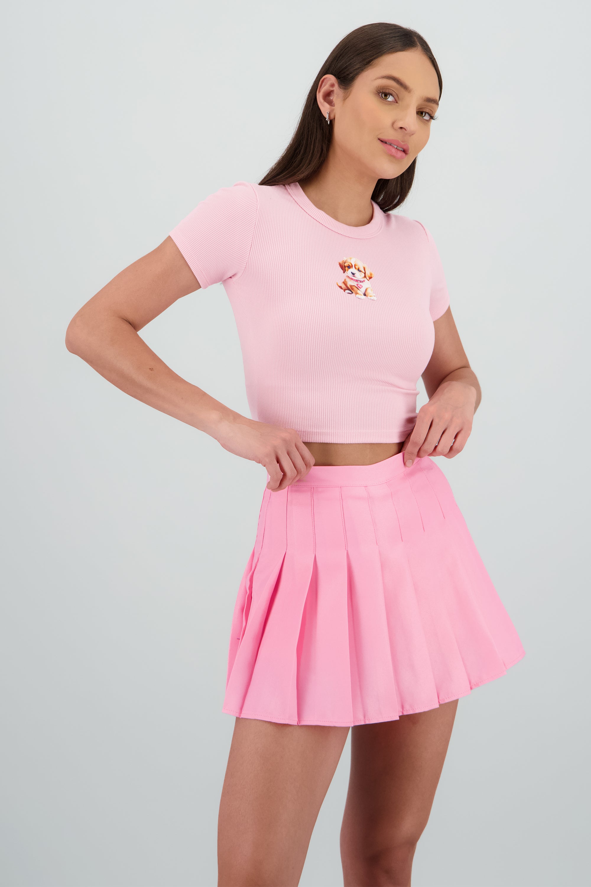 Playera corta rib estampado perro ROSA