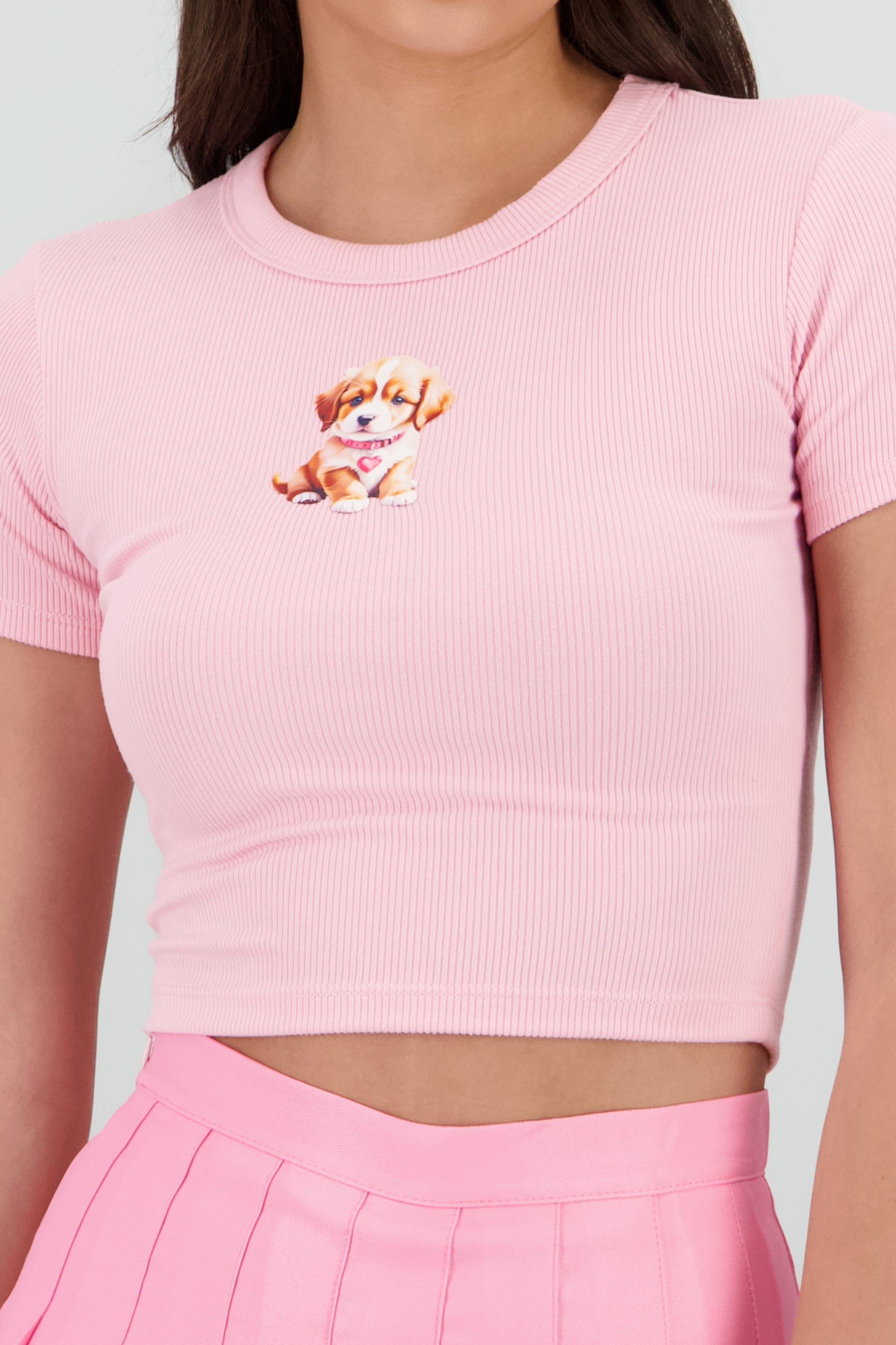 Playera corta rib estampado perro ROSA