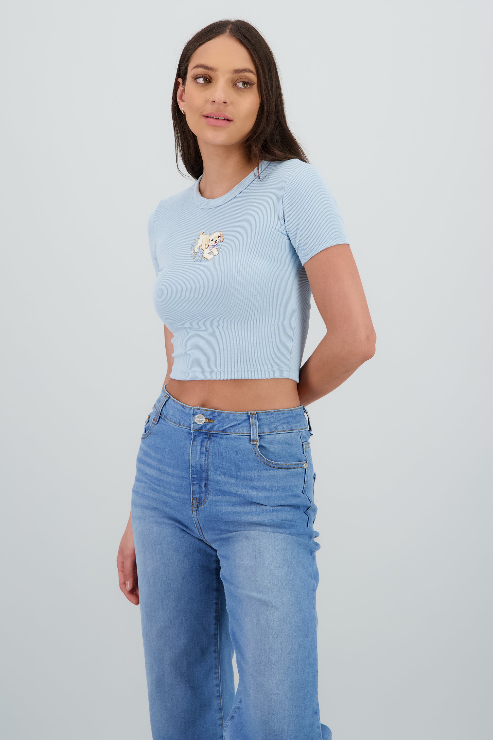 Playera rib estampado rib y flores AZUL PASTEL