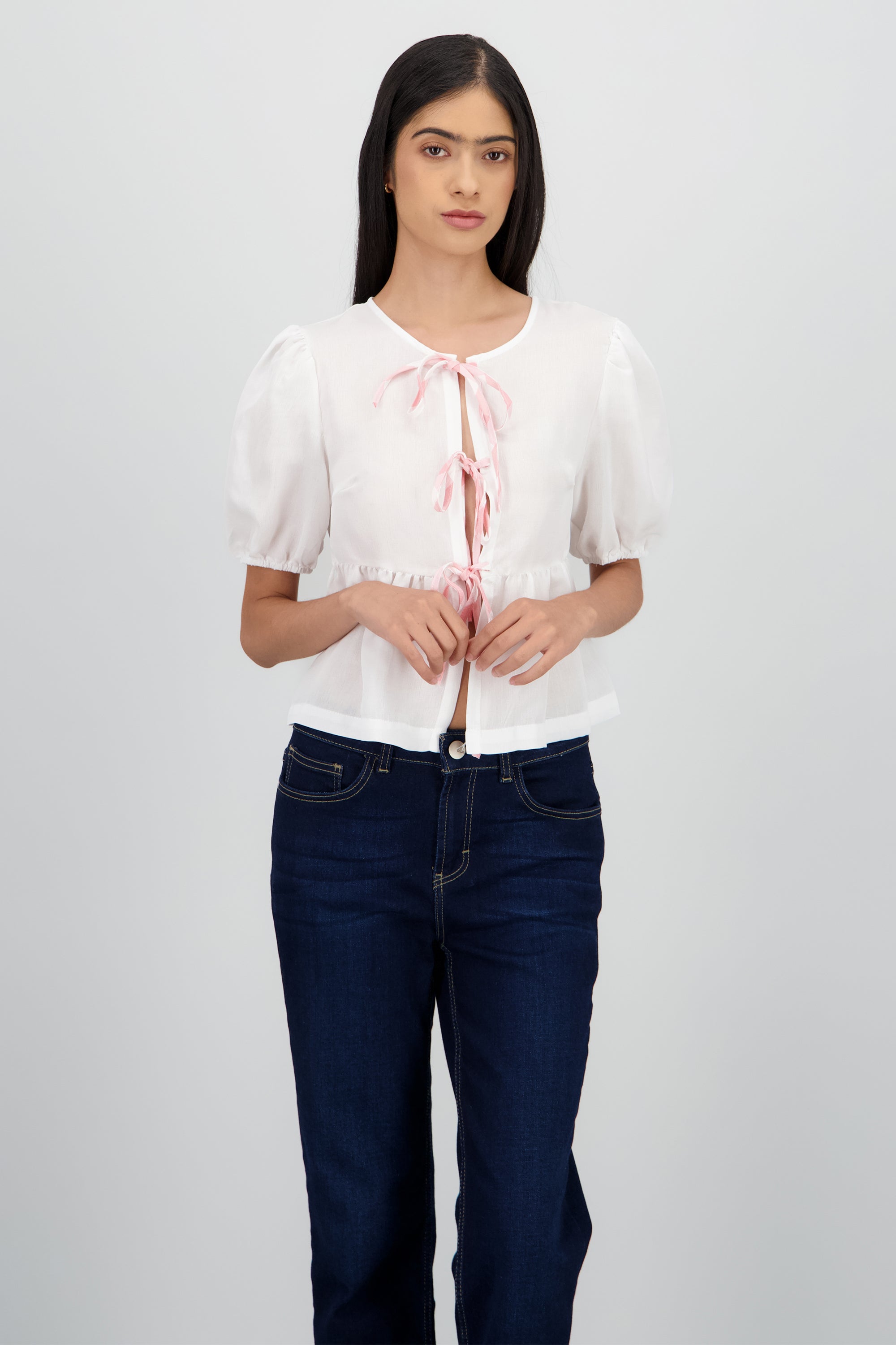 Blusa con peplum y lazos BLANCO COMBO