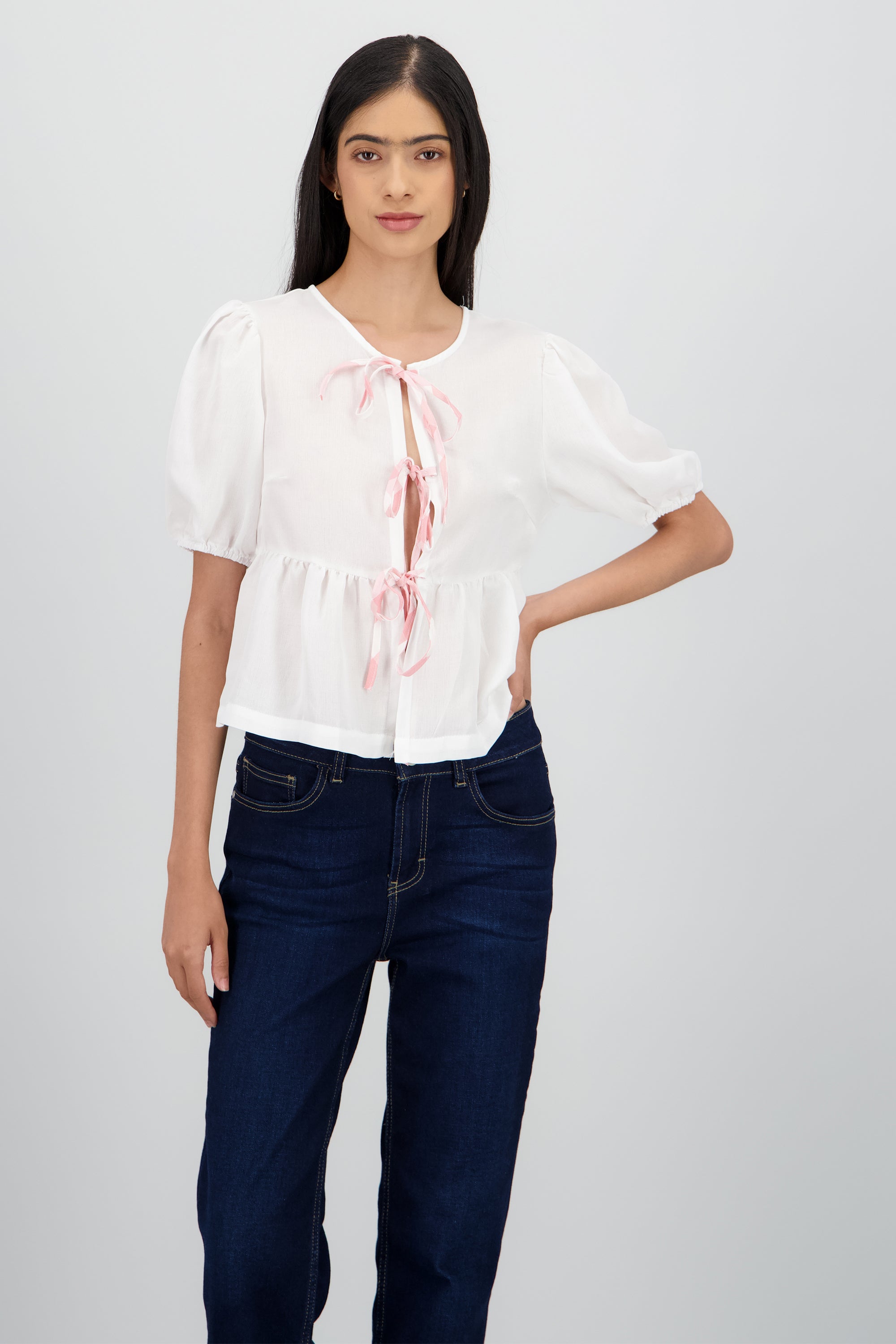 Blusa con peplum y lazos BLANCO COMBO