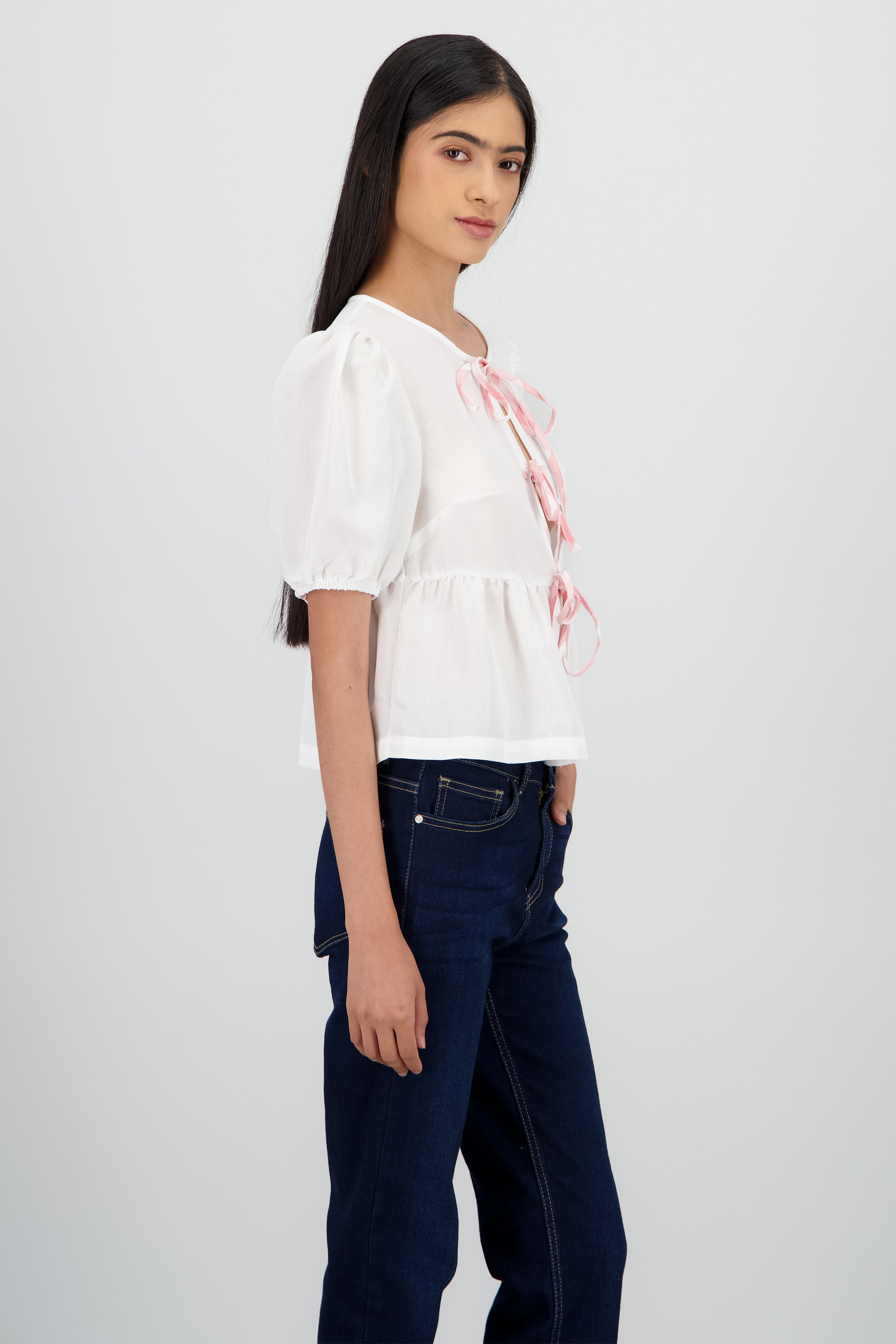 Blusa con peplum y lazos BLANCO COMBO