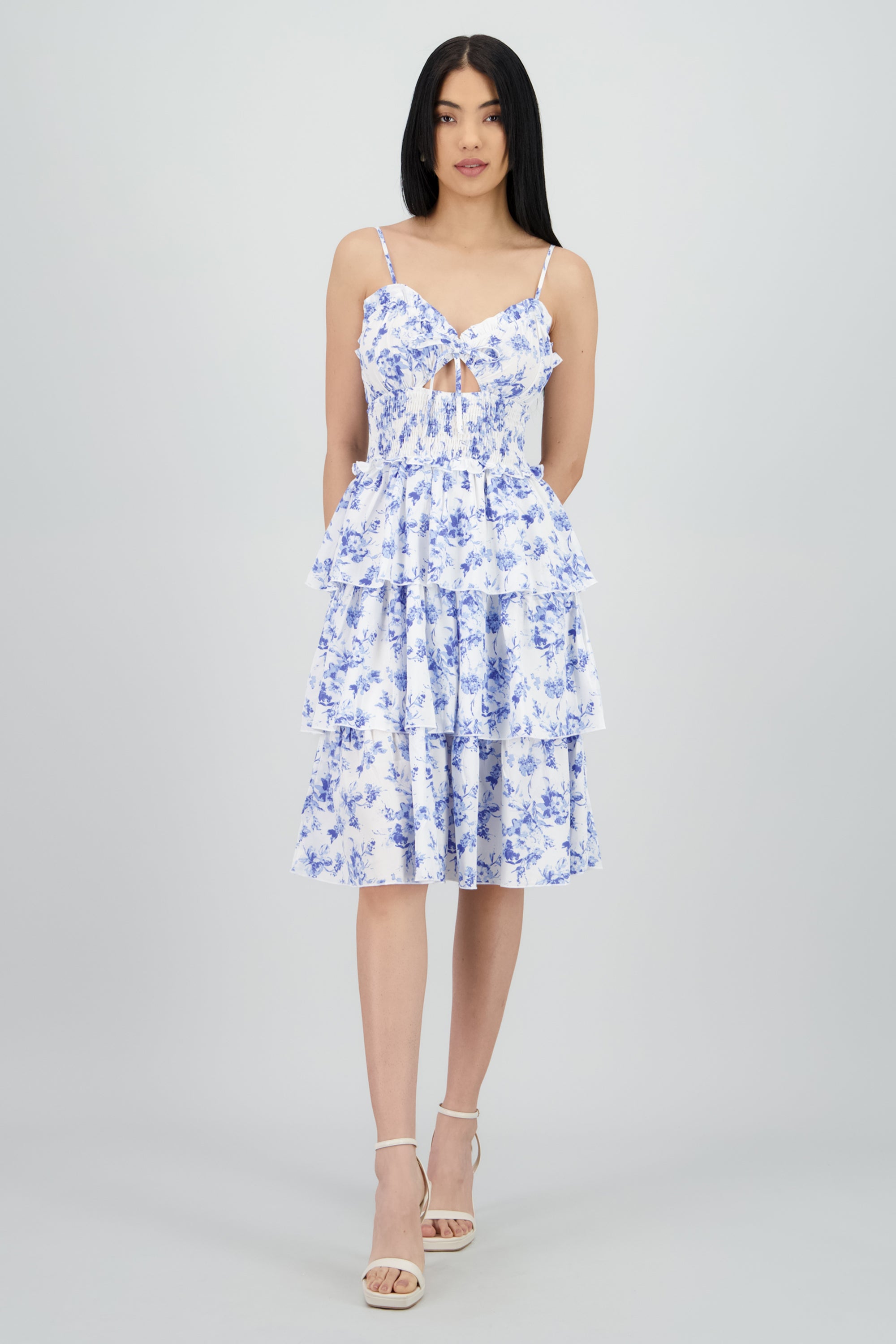 Vestido midi flores detalle capas olanes AZUL COMBO