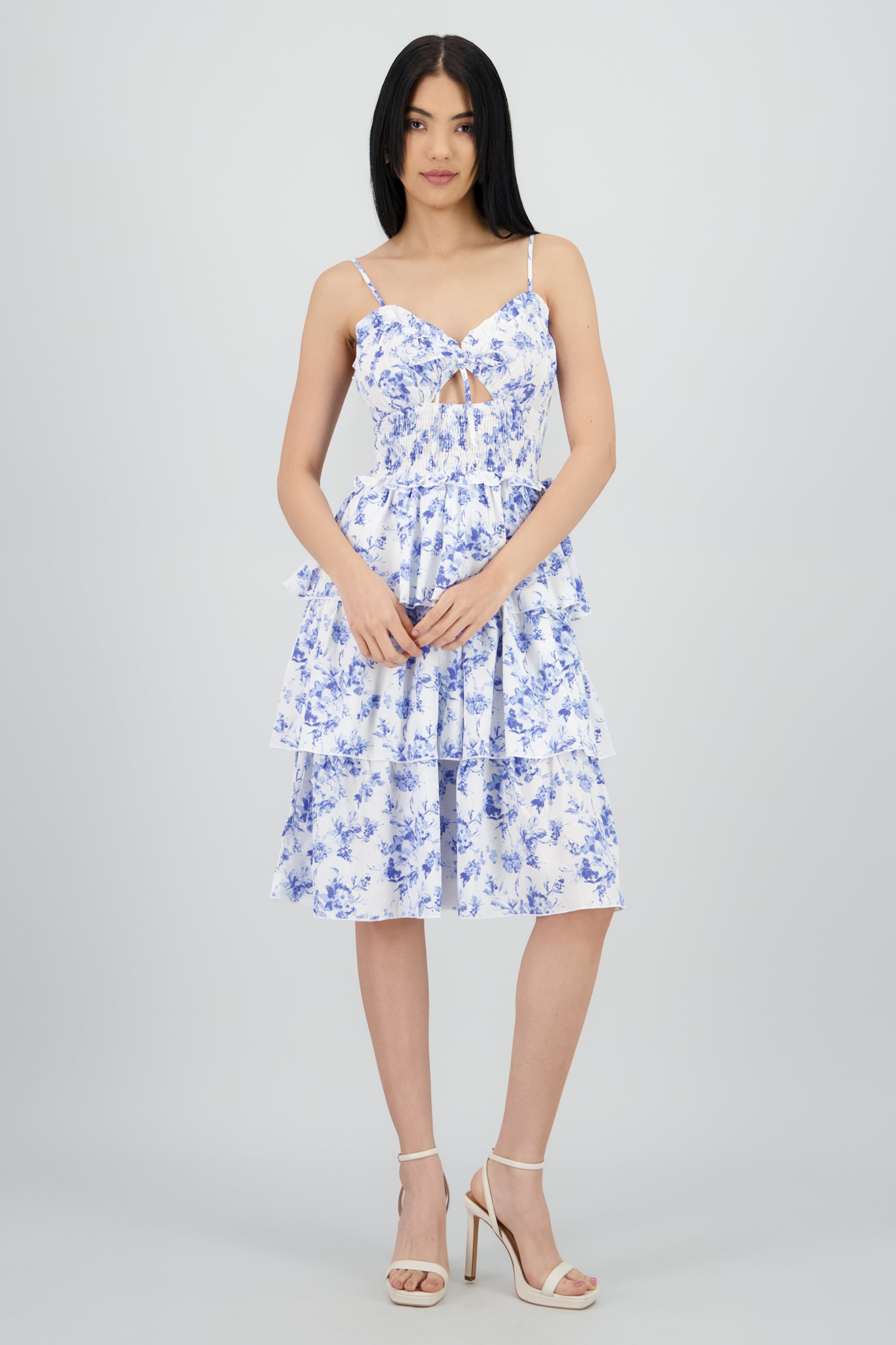 Vestido midi flores detalle capas olanes AZUL COMBO