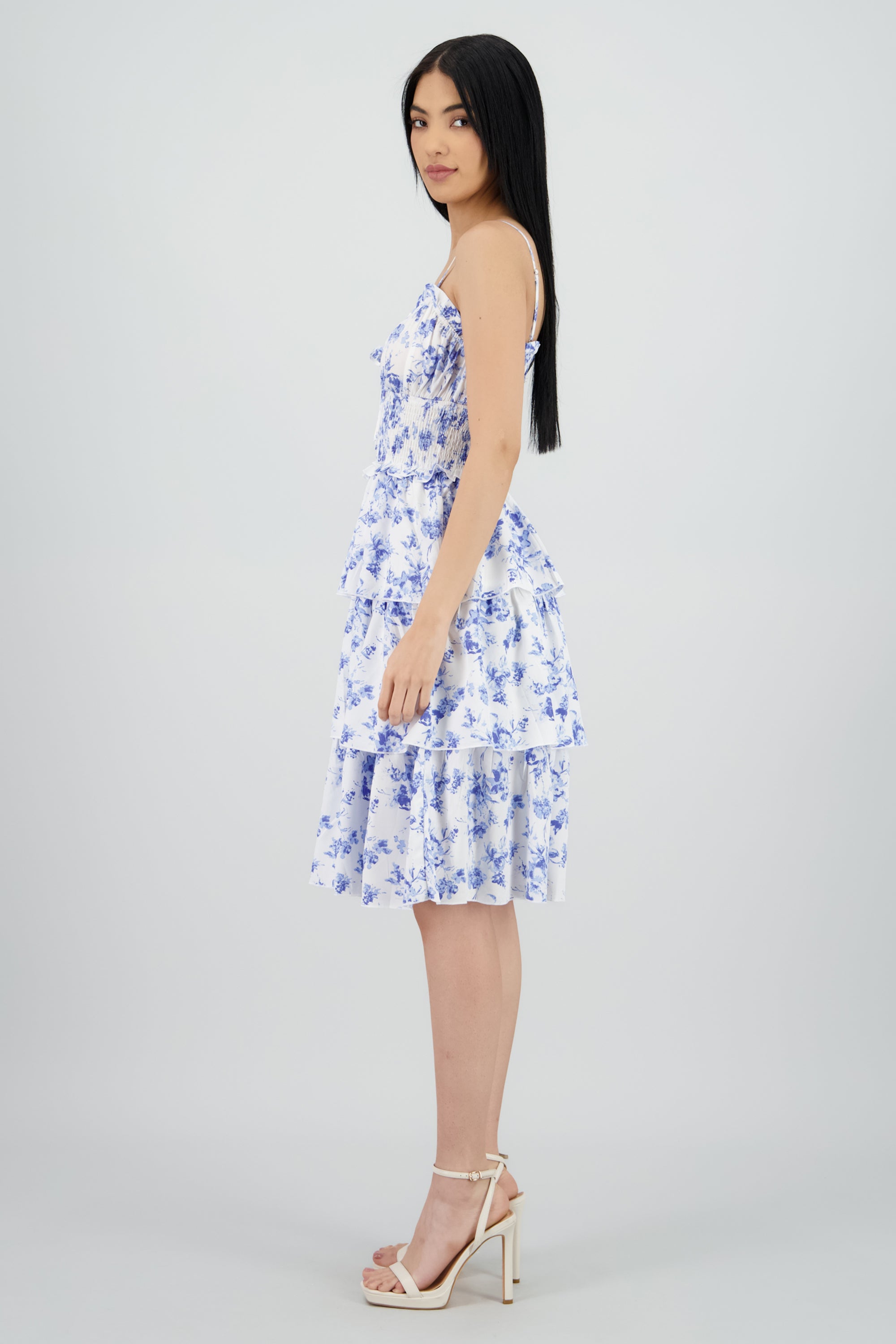 Vestido midi flores detalle capas olanes AZUL COMBO
