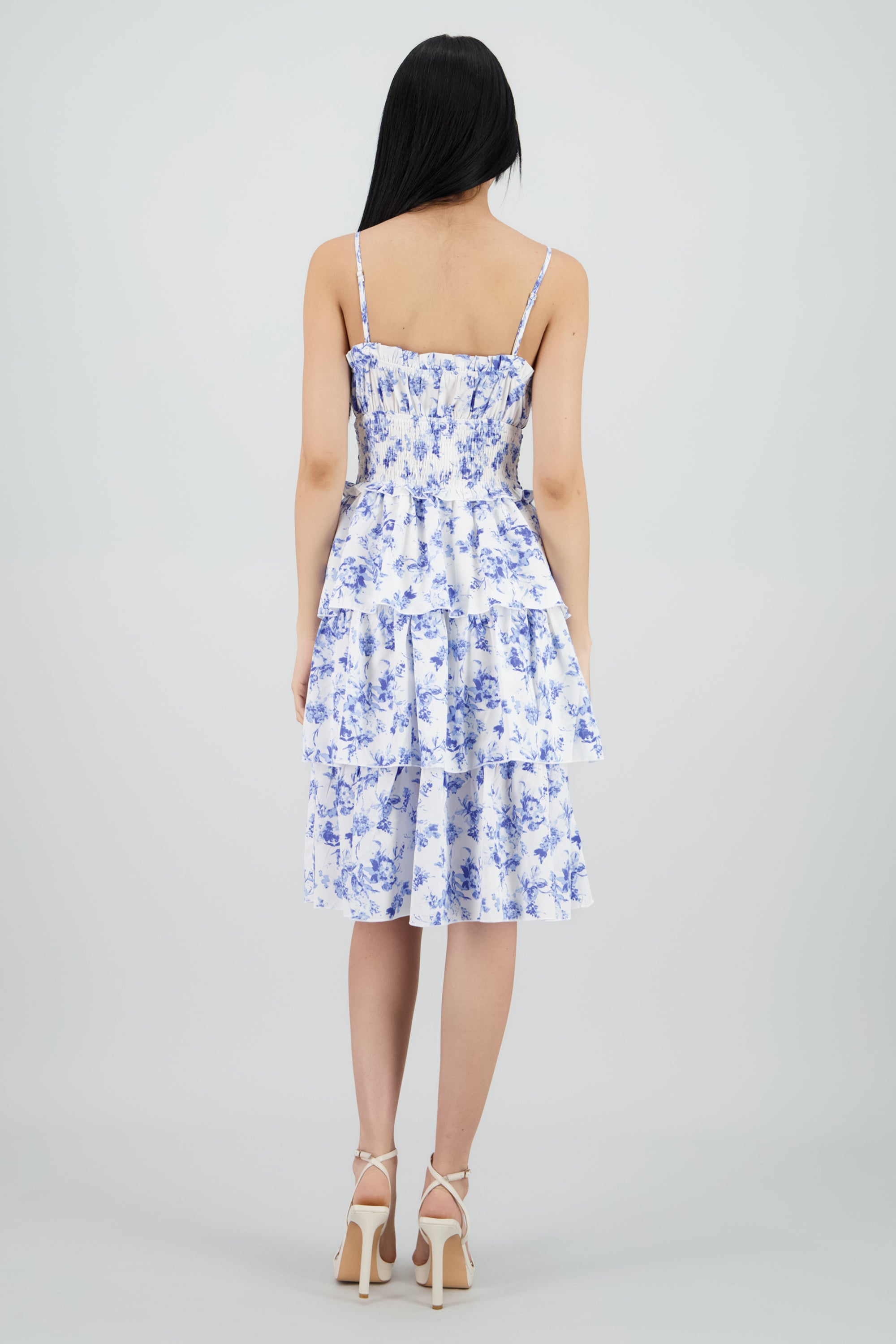 Vestido midi flores detalle capas olanes AZUL COMBO