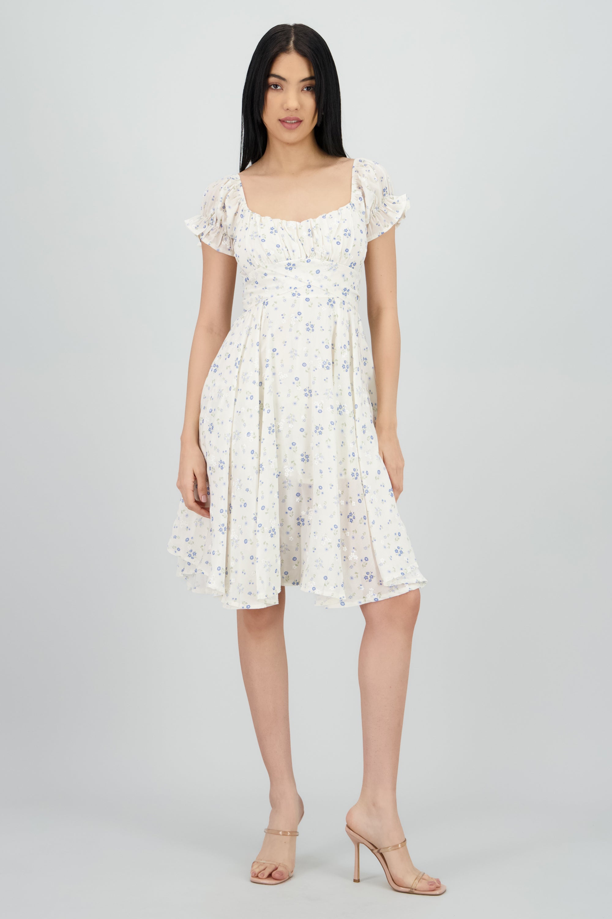 Vestido midi manga corta con amarre AZUL COMBO