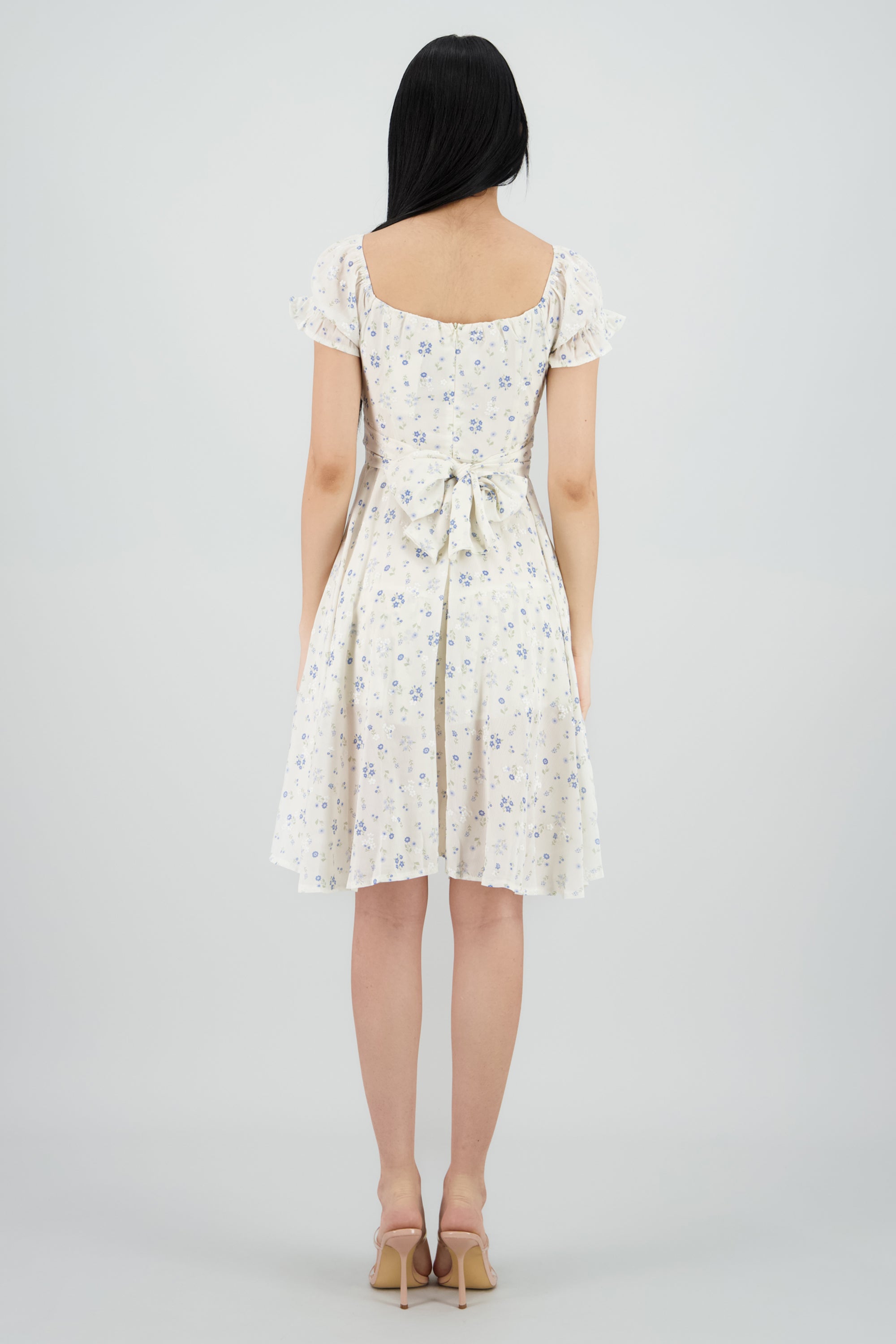 Vestido midi manga corta con amarre AZUL COMBO