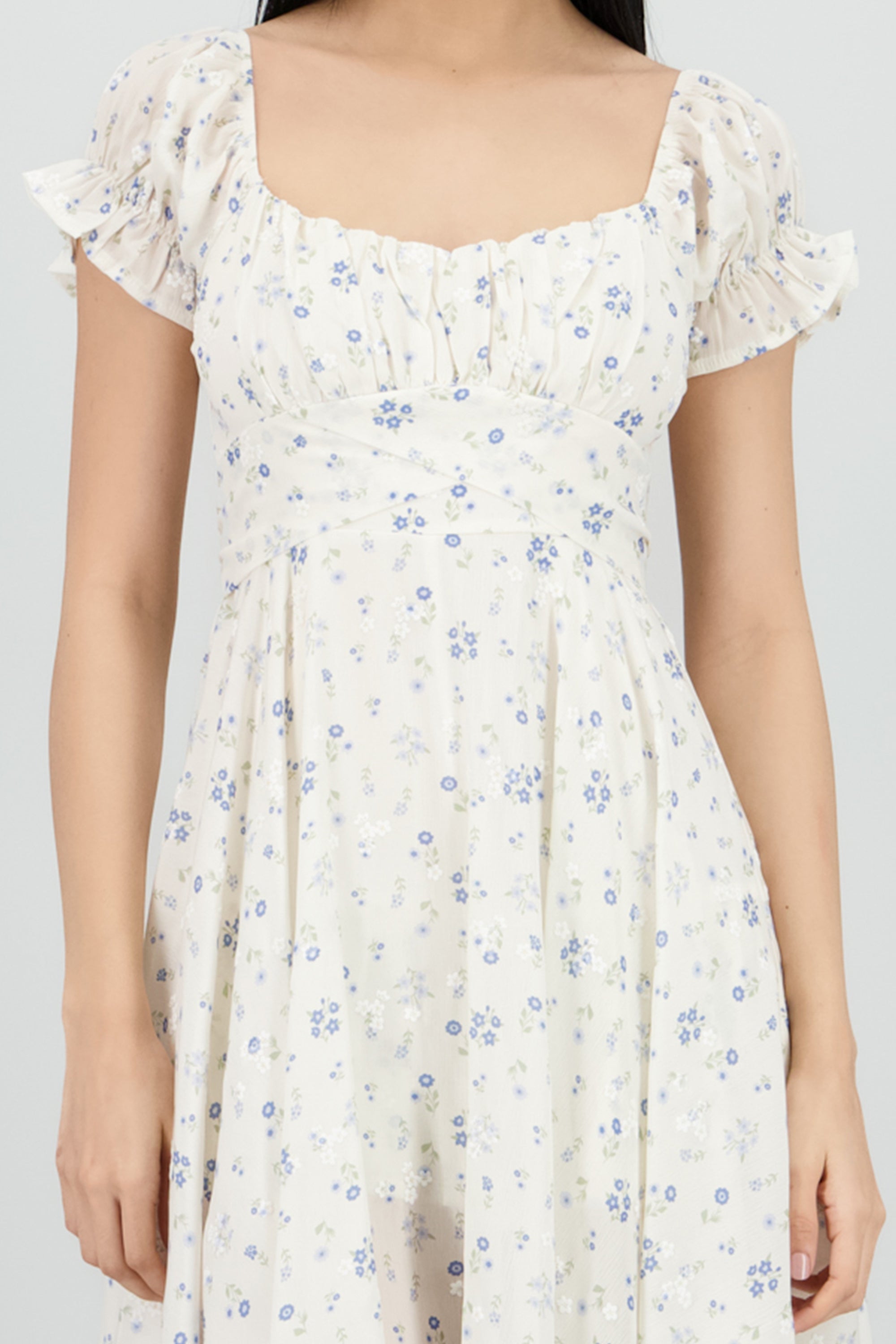 Vestido midi manga corta con amarre AZUL COMBO
