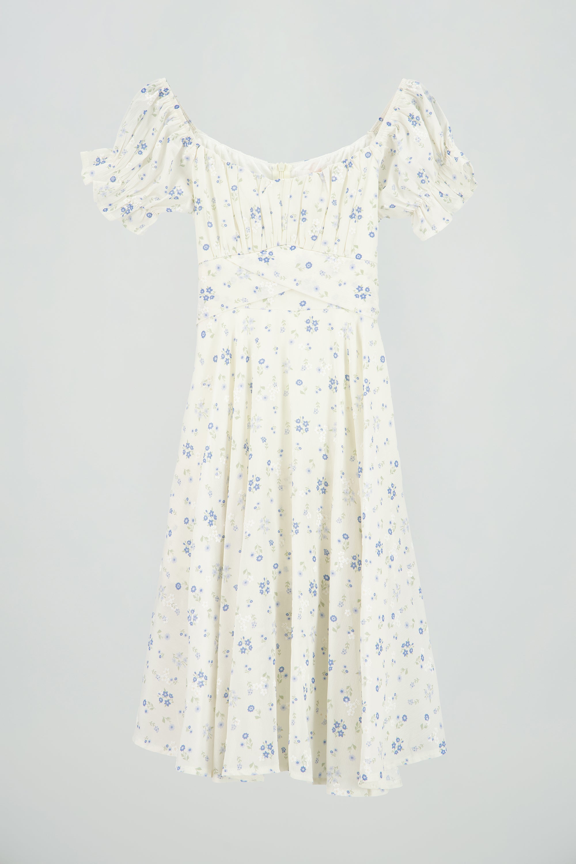 Vestido midi manga corta con amarre AZUL COMBO