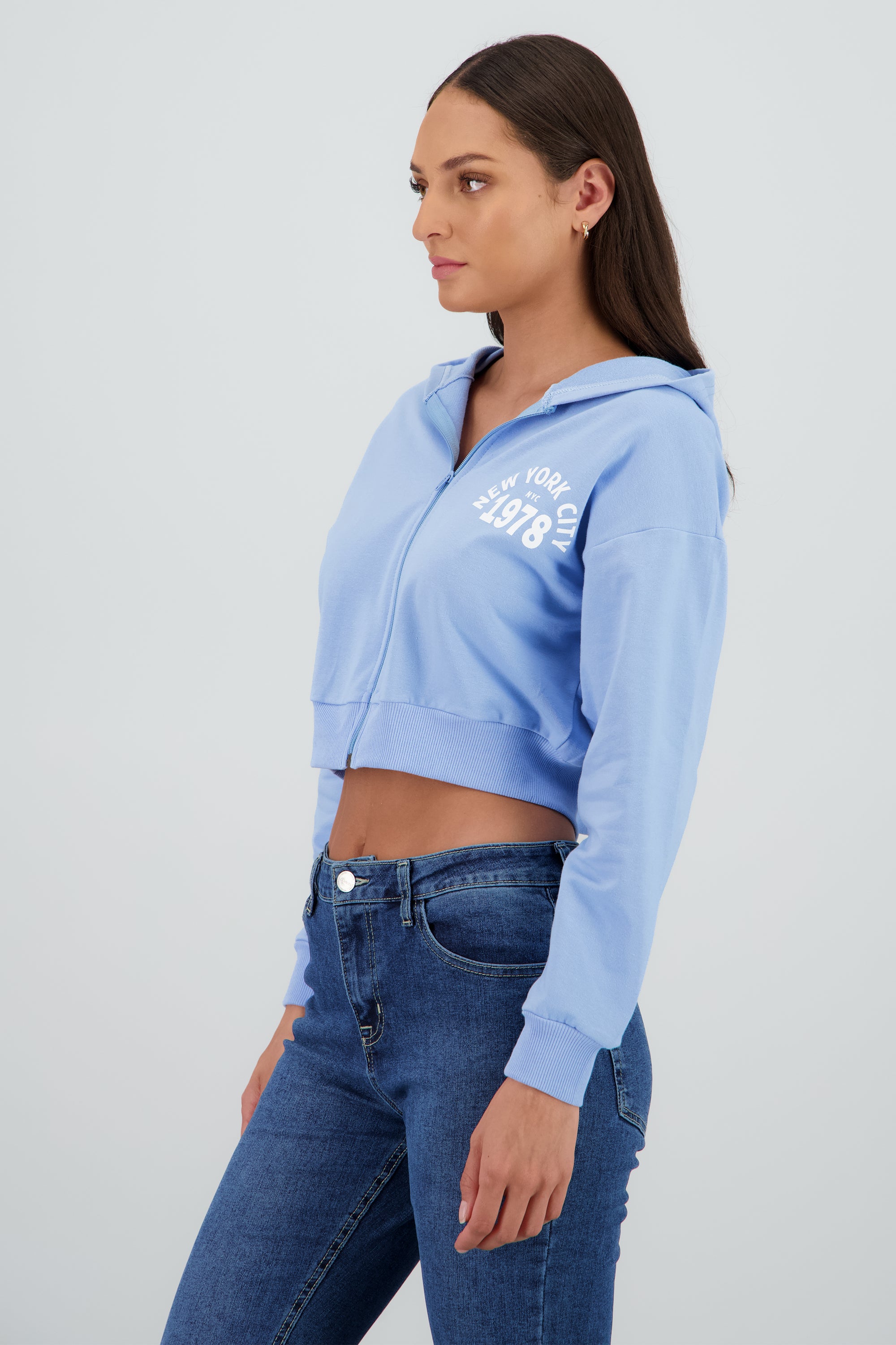 Sudadera crop cierre new york AZUL PASTEL