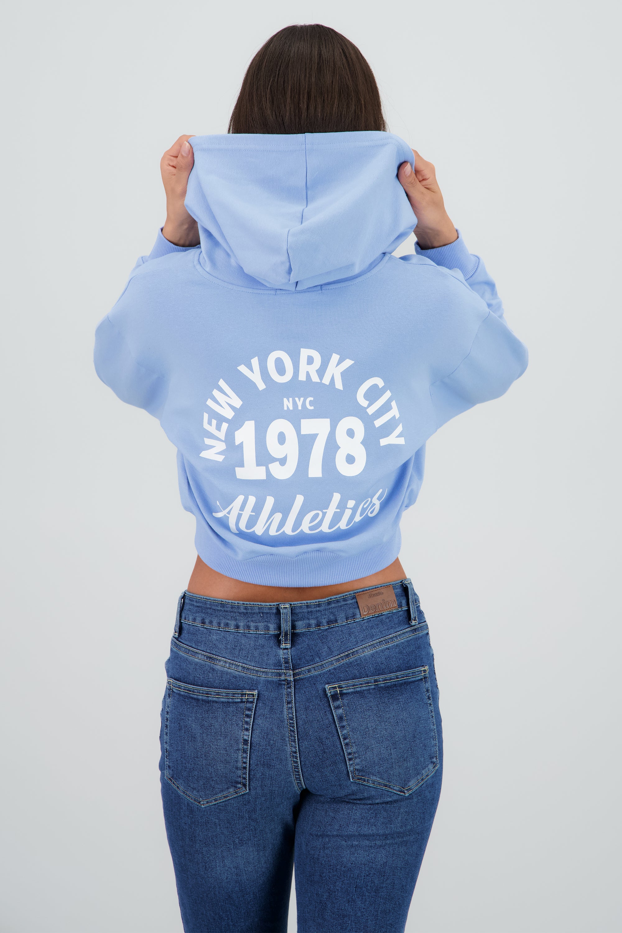 Sudadera crop cierre new york AZUL PASTEL