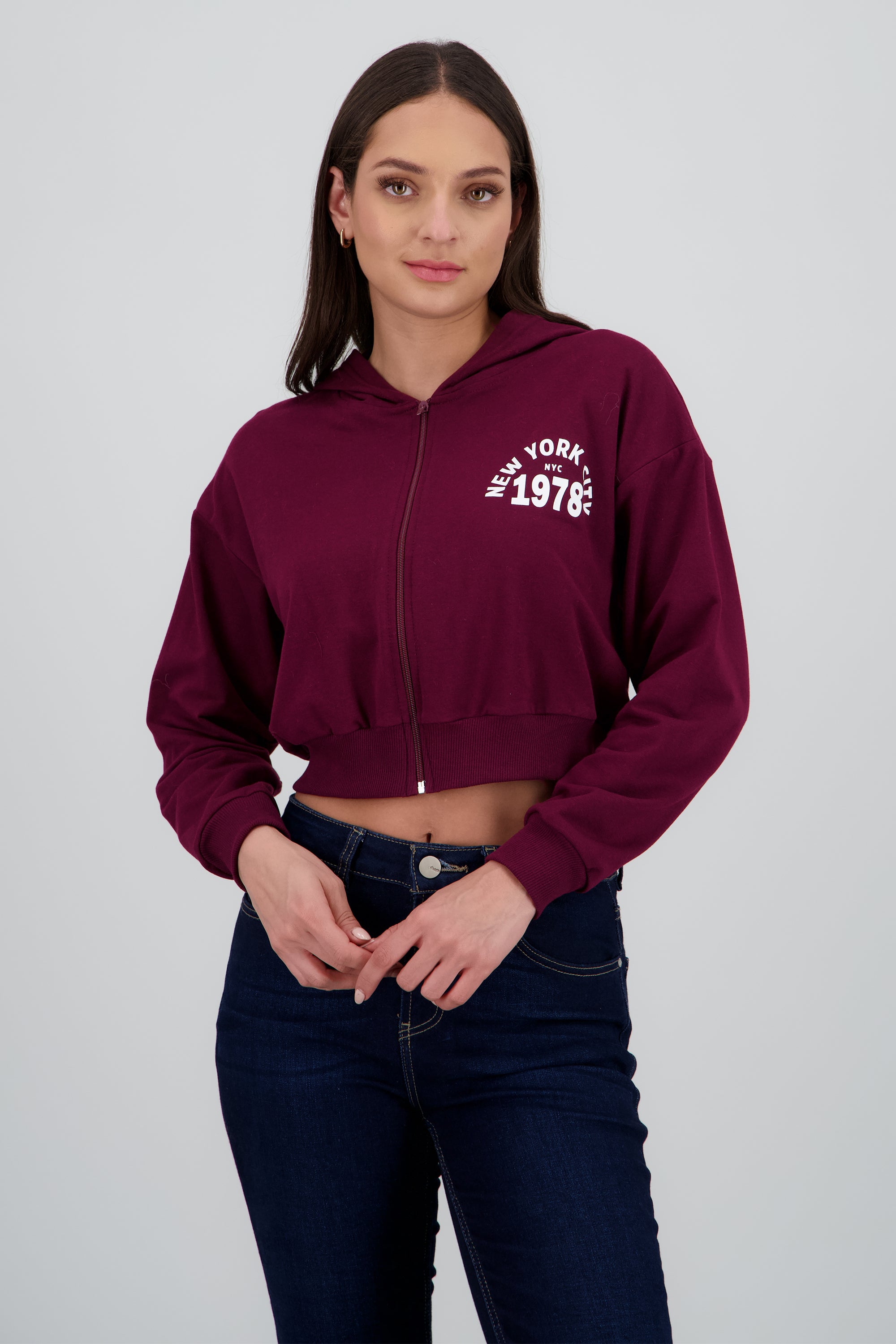 Sudadera crop cierre new york CIRUELA