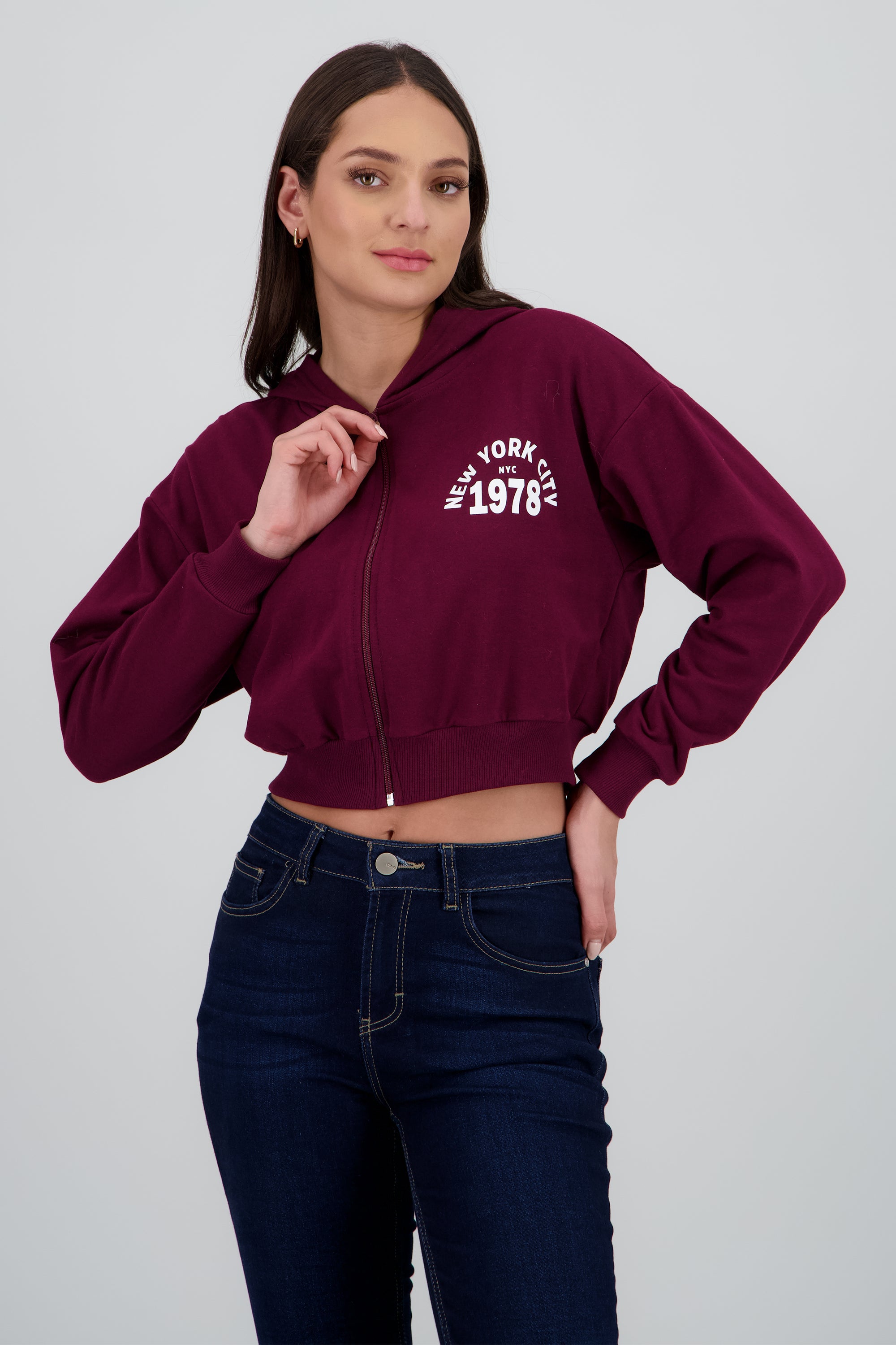 Sudadera crop cierre new york CIRUELA