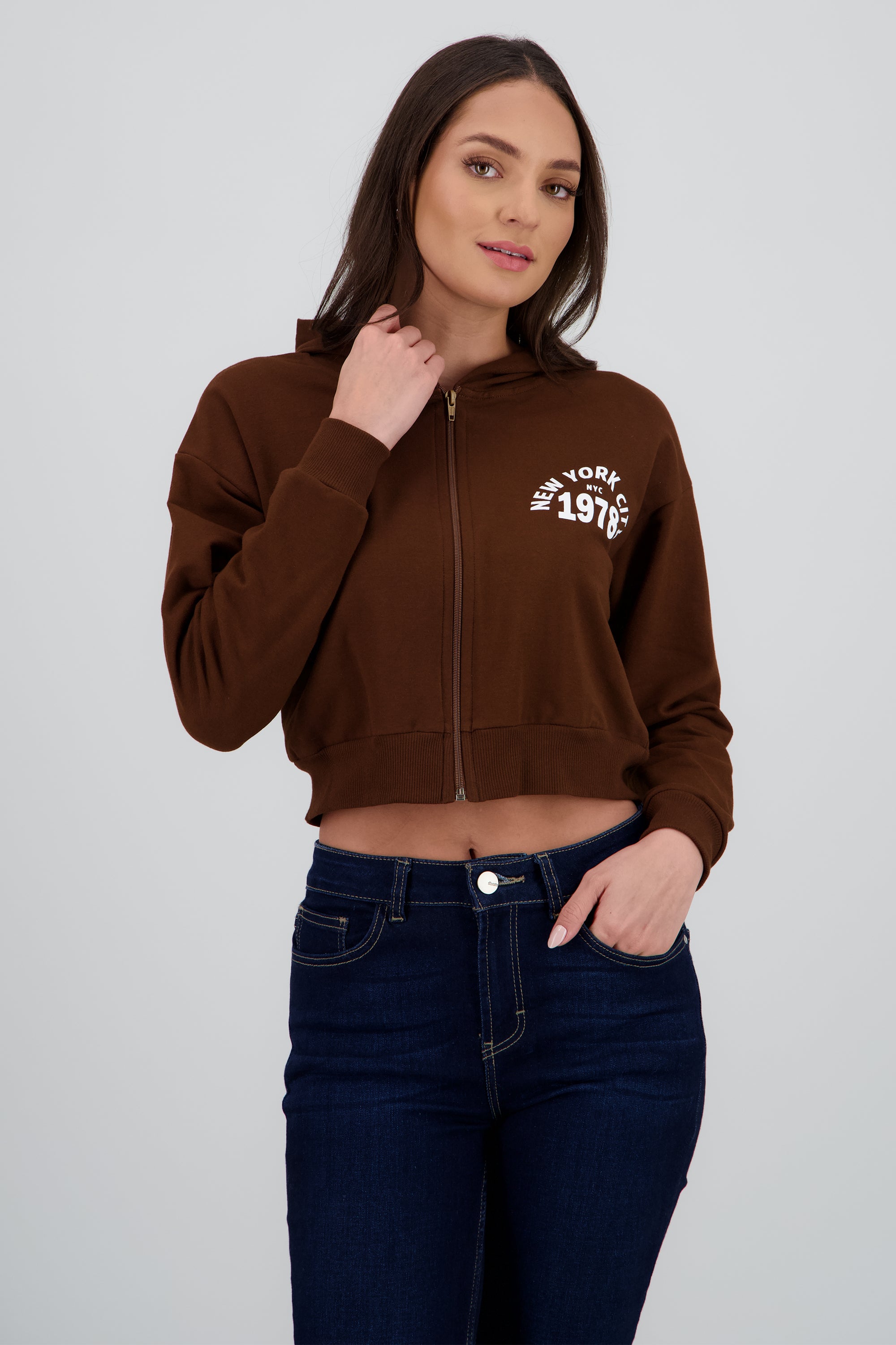 Sudadera crop cierre new york CHOCOLATE