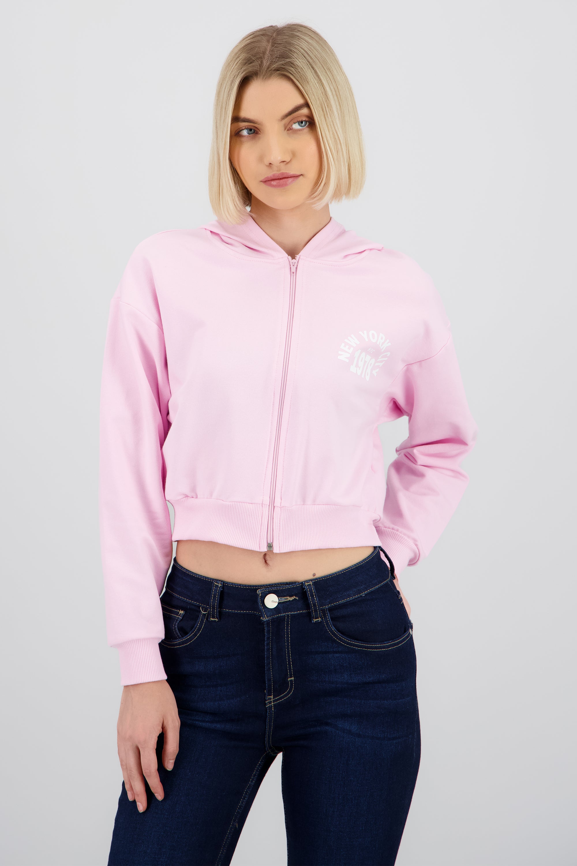 Sudadera crop cierre new york ROSA PASTEL