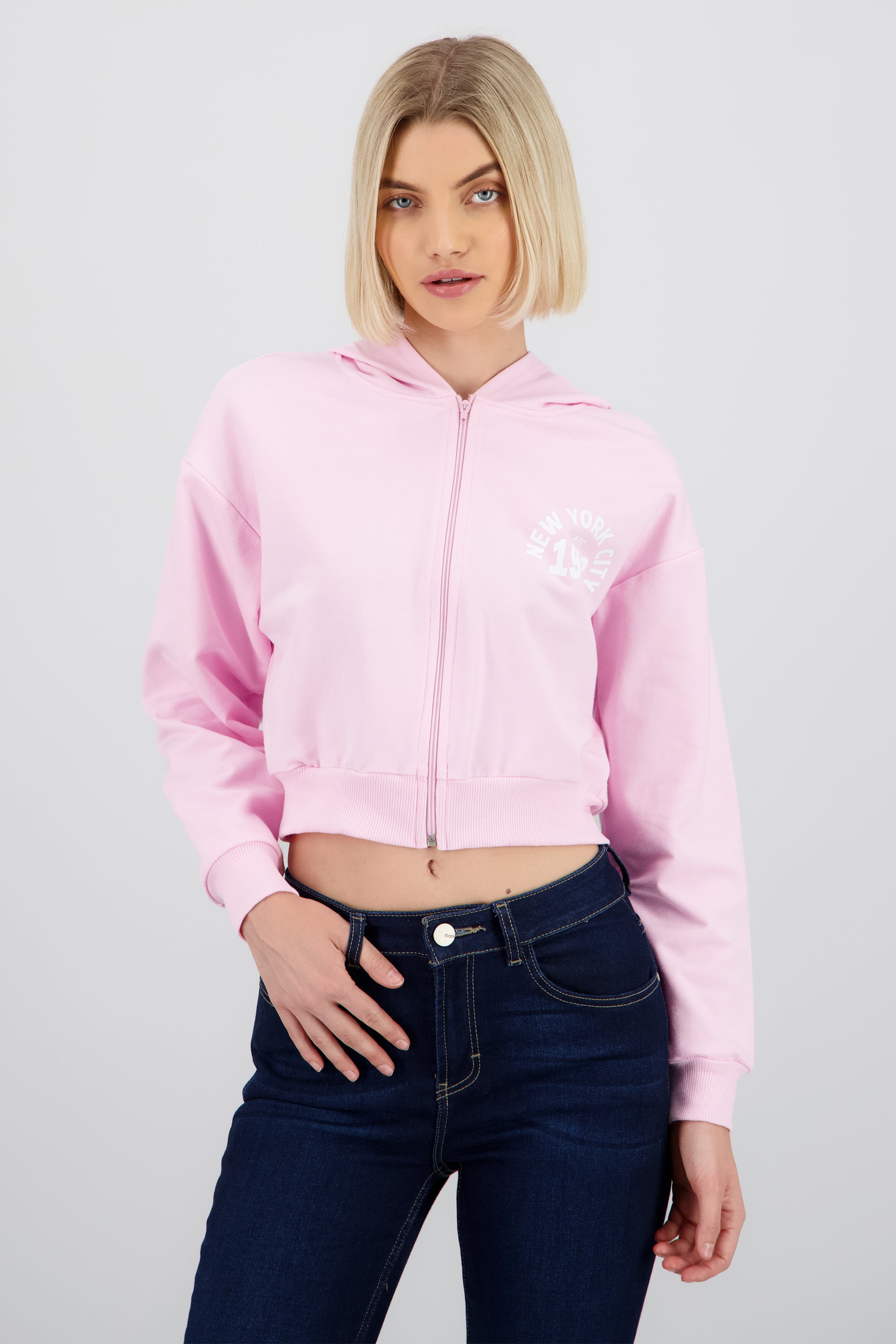 Sudadera crop cierre new york ROSA PASTEL