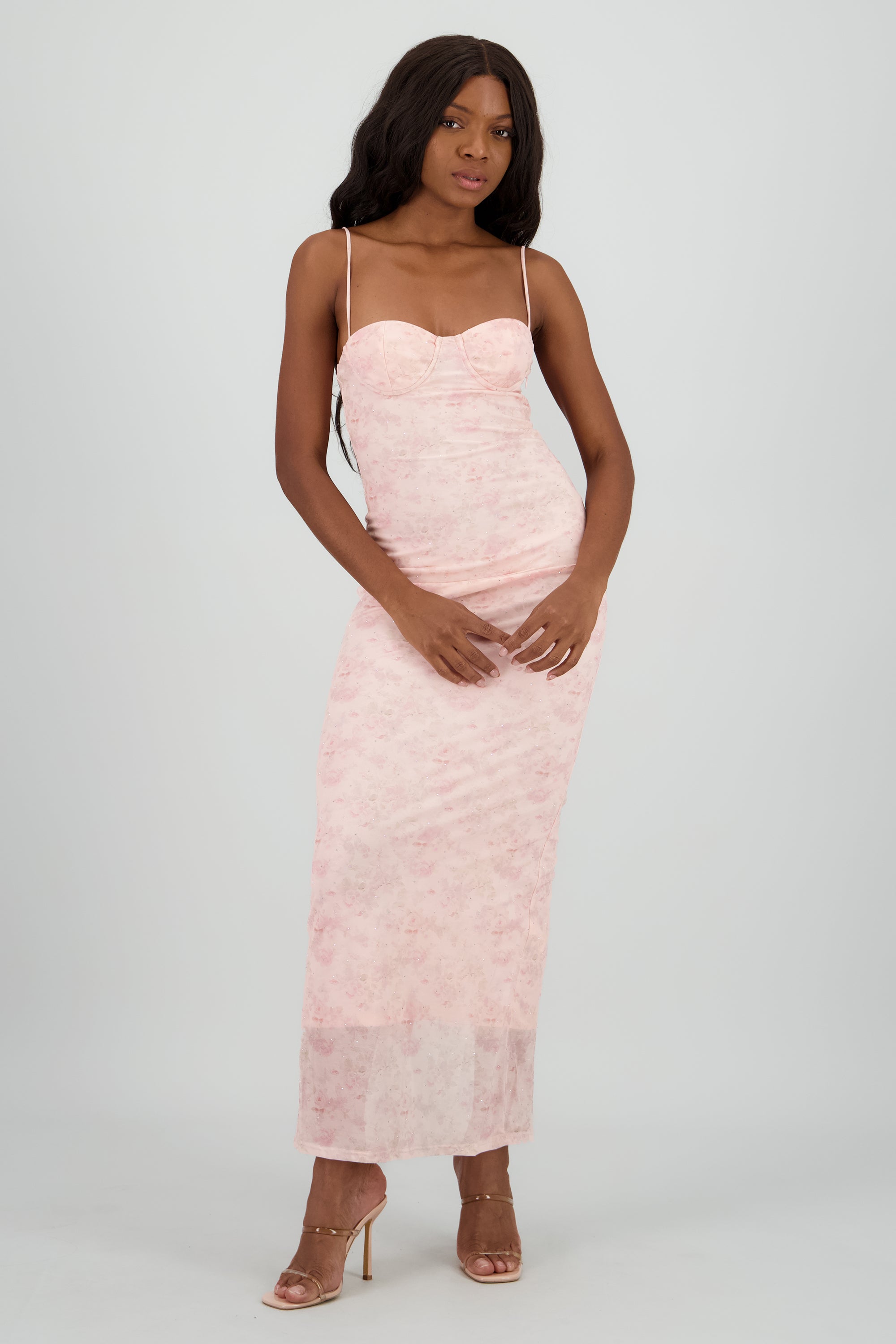 Vestido maxi copas mesh brillos ROSA COMBO