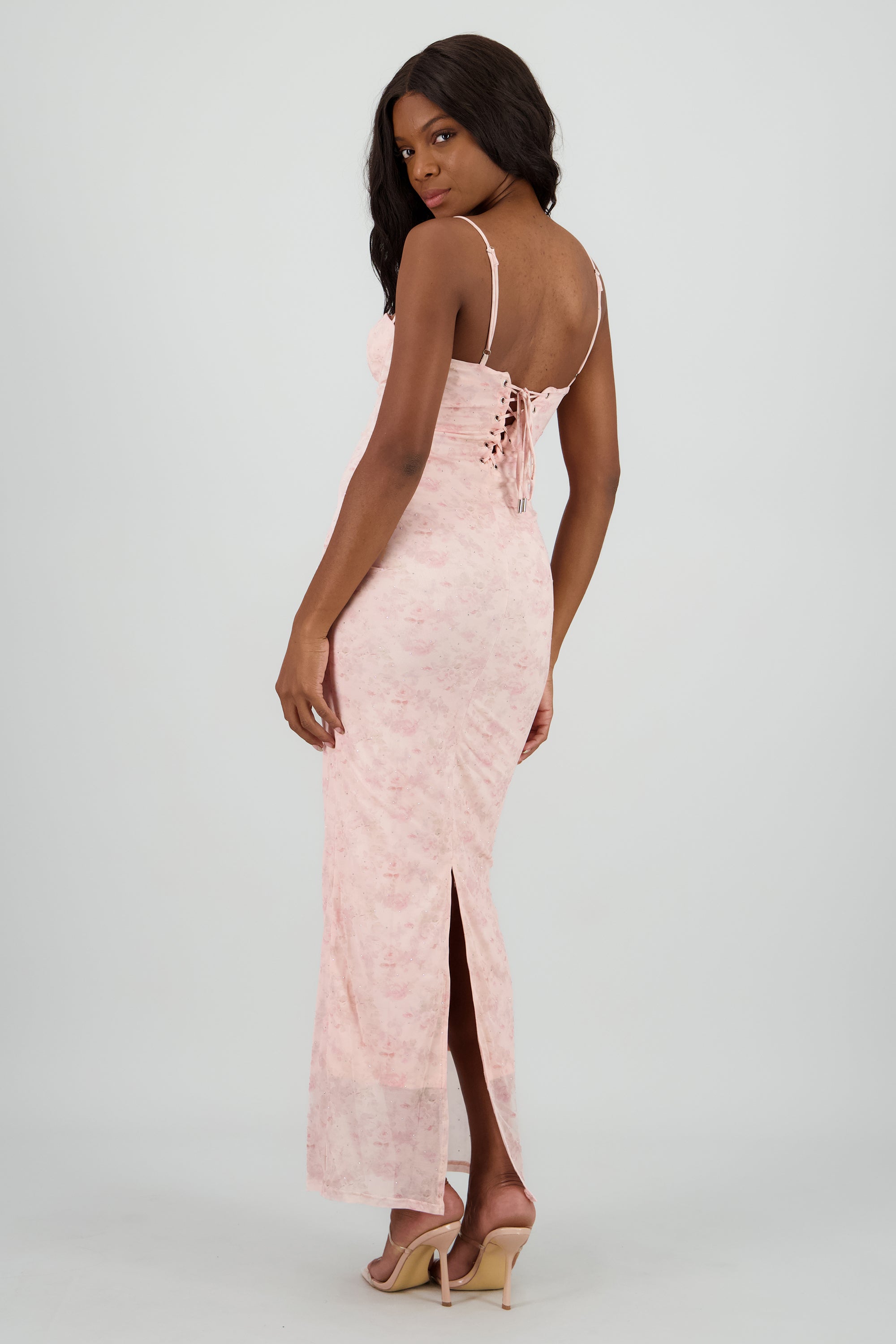 Vestido maxi copas mesh brillos ROSA COMBO