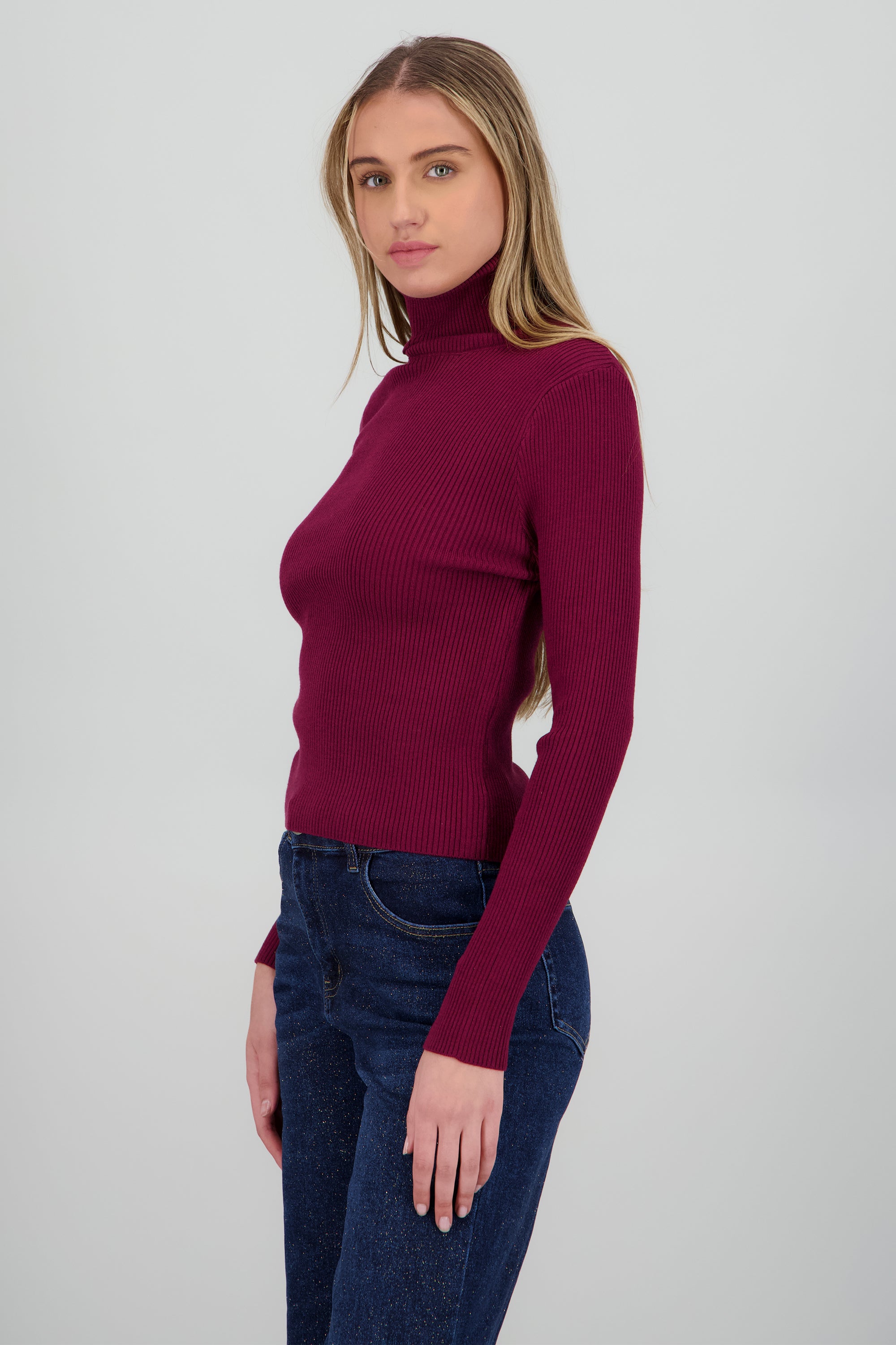 Sueter acanalado con cuello alto VINO