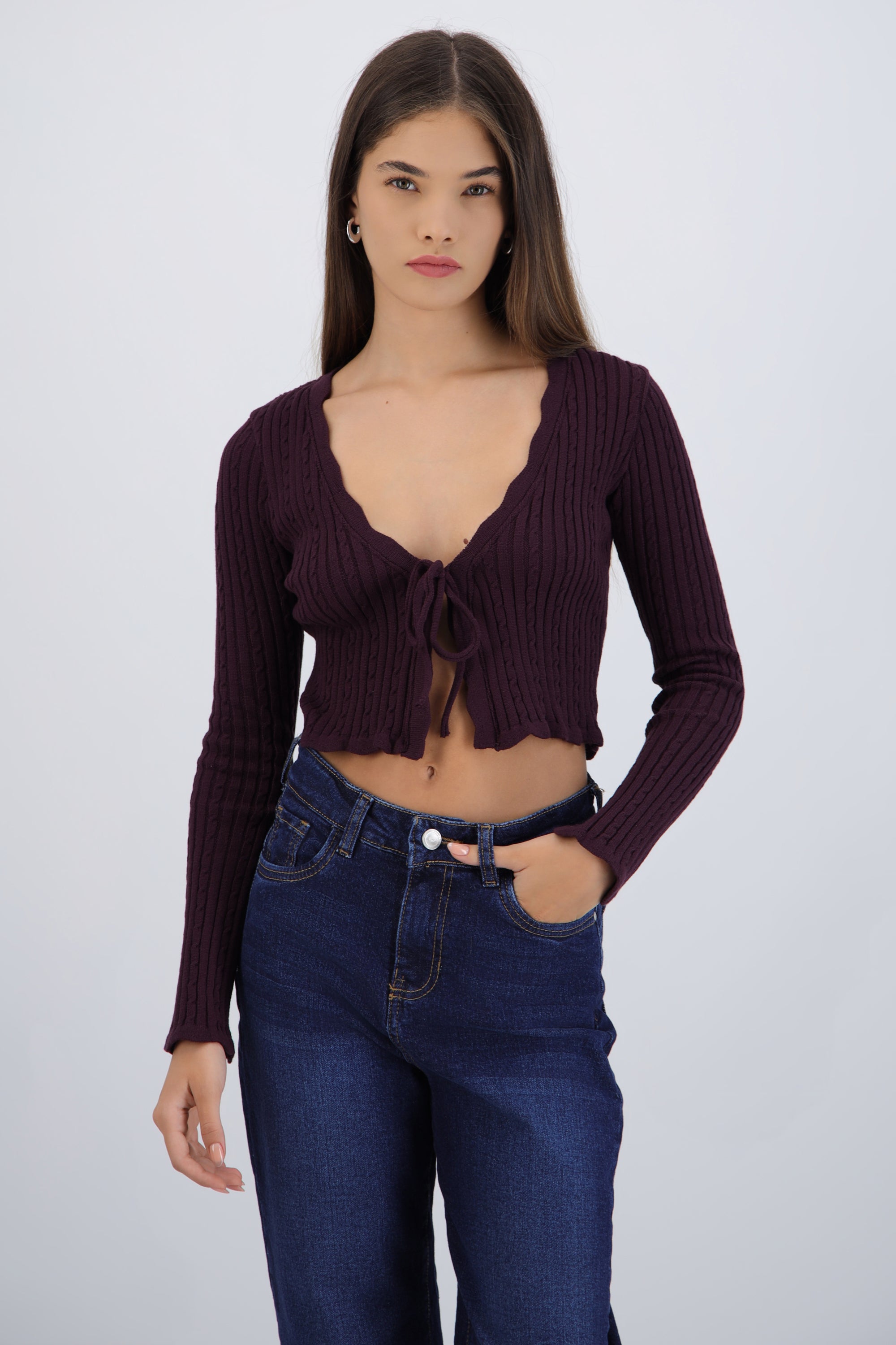 Cardigan Trenzado Det Borde Kni CIRUELA