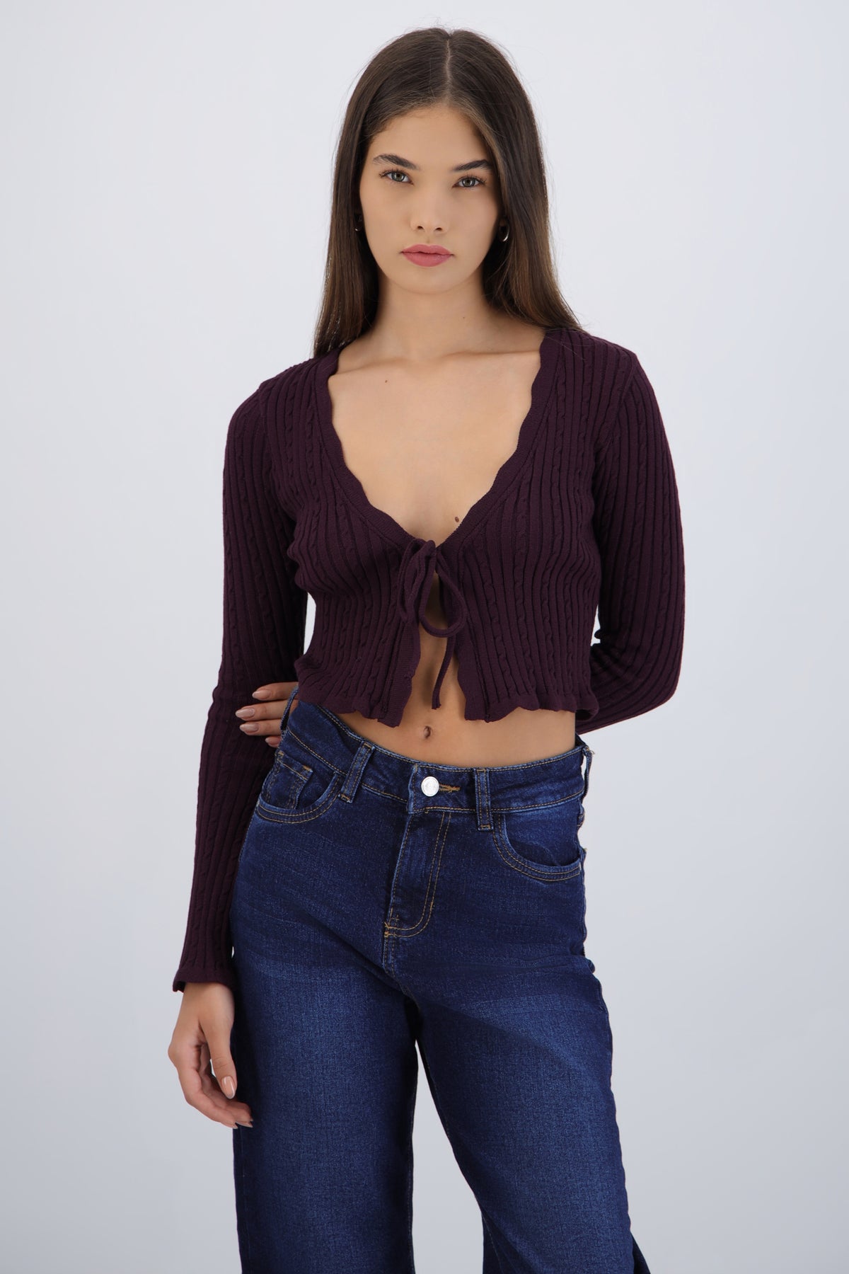 Cardigan Trenzado Det Borde Kni CIRUELA