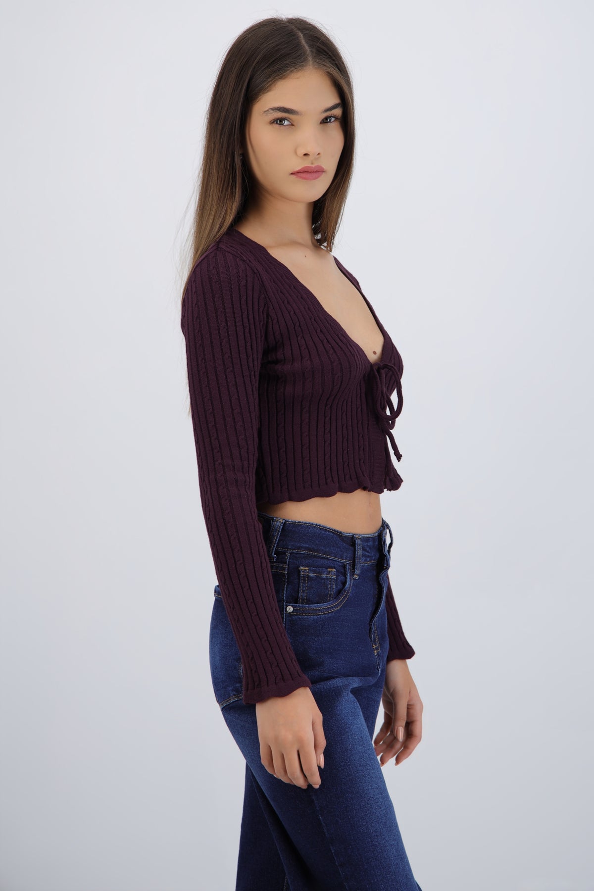 Cardigan Trenzado Det Borde Kni CIRUELA