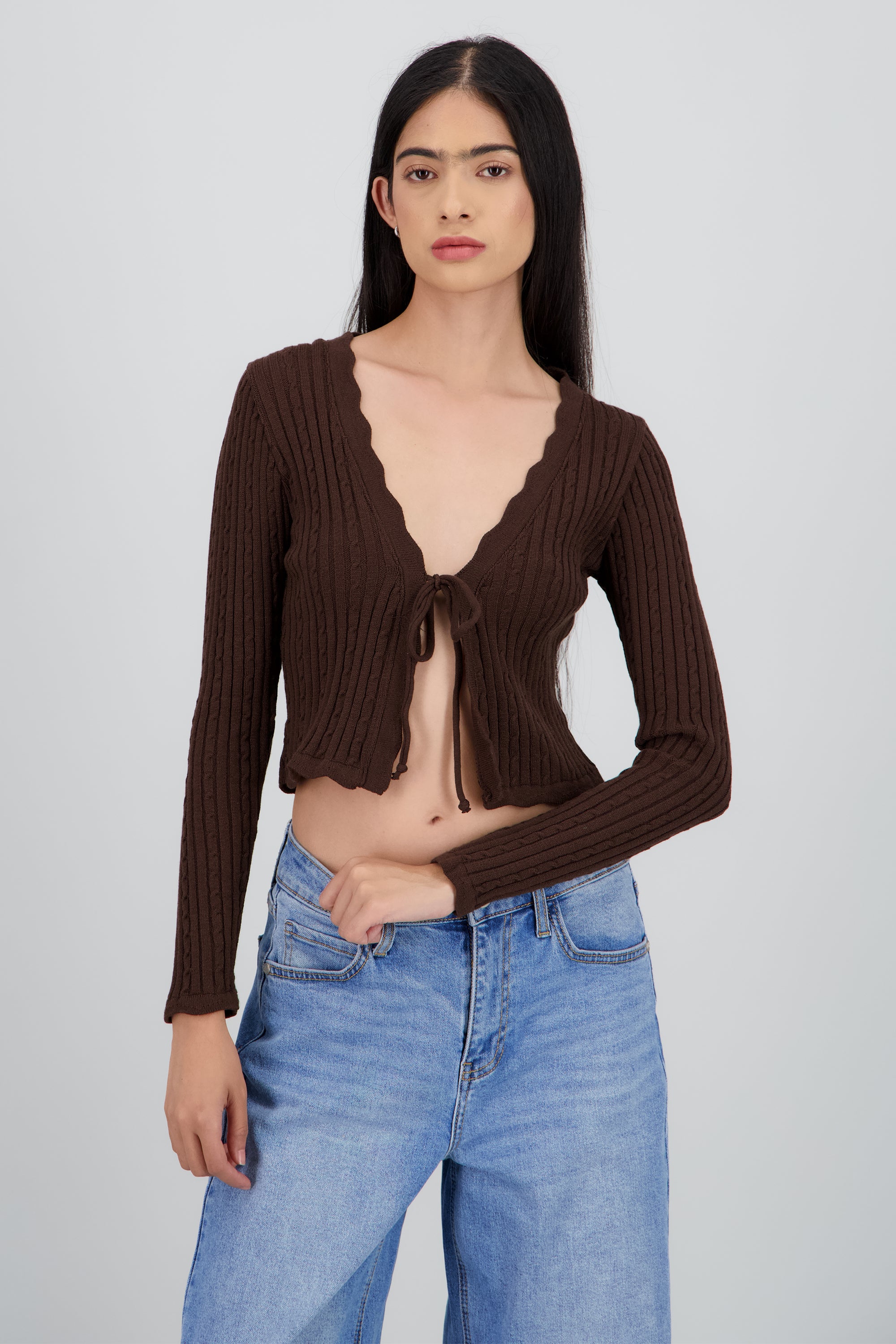Cardigan trenzado detalle borde CHOCOLATE