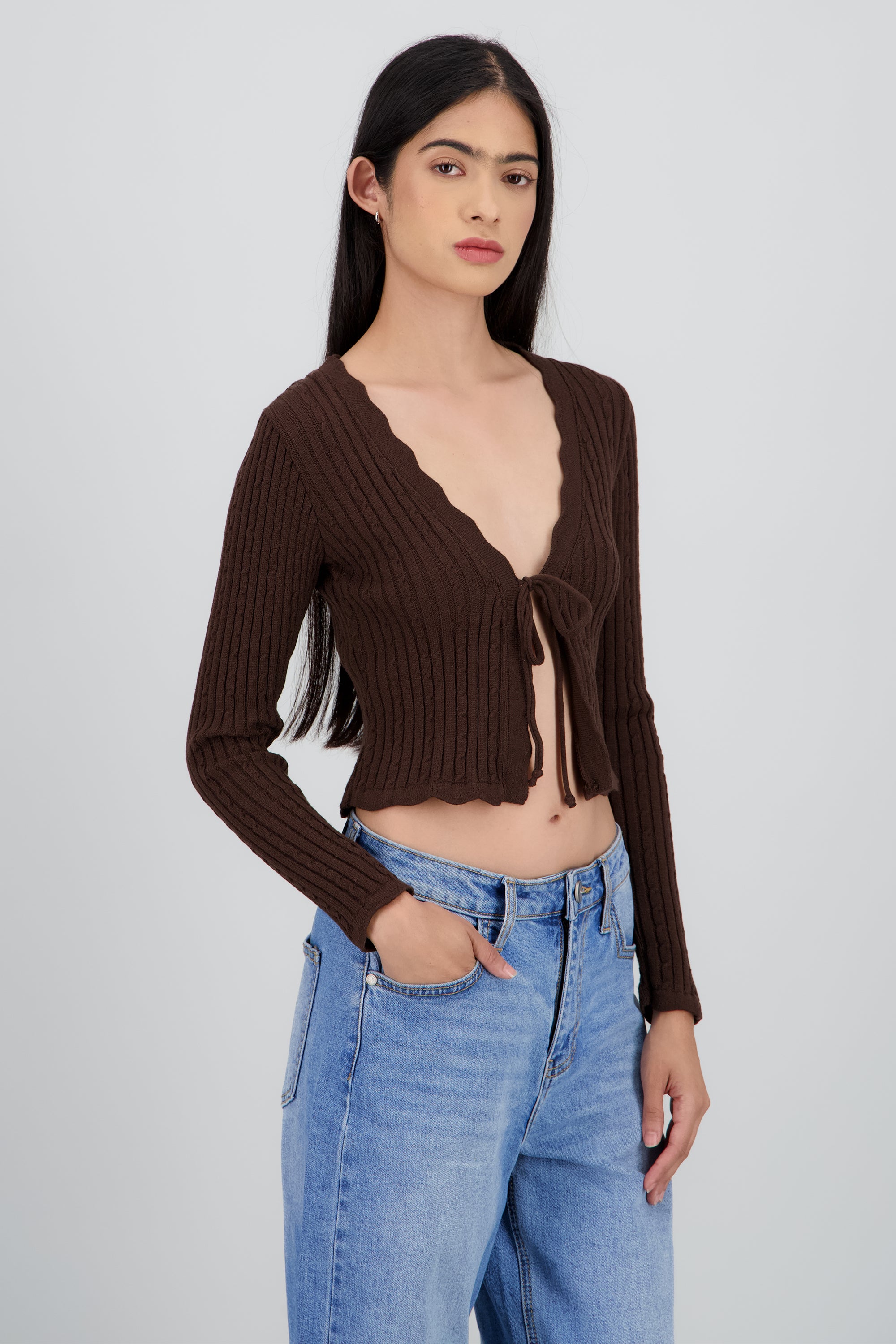 Cardigan trenzado detalle borde CHOCOLATE