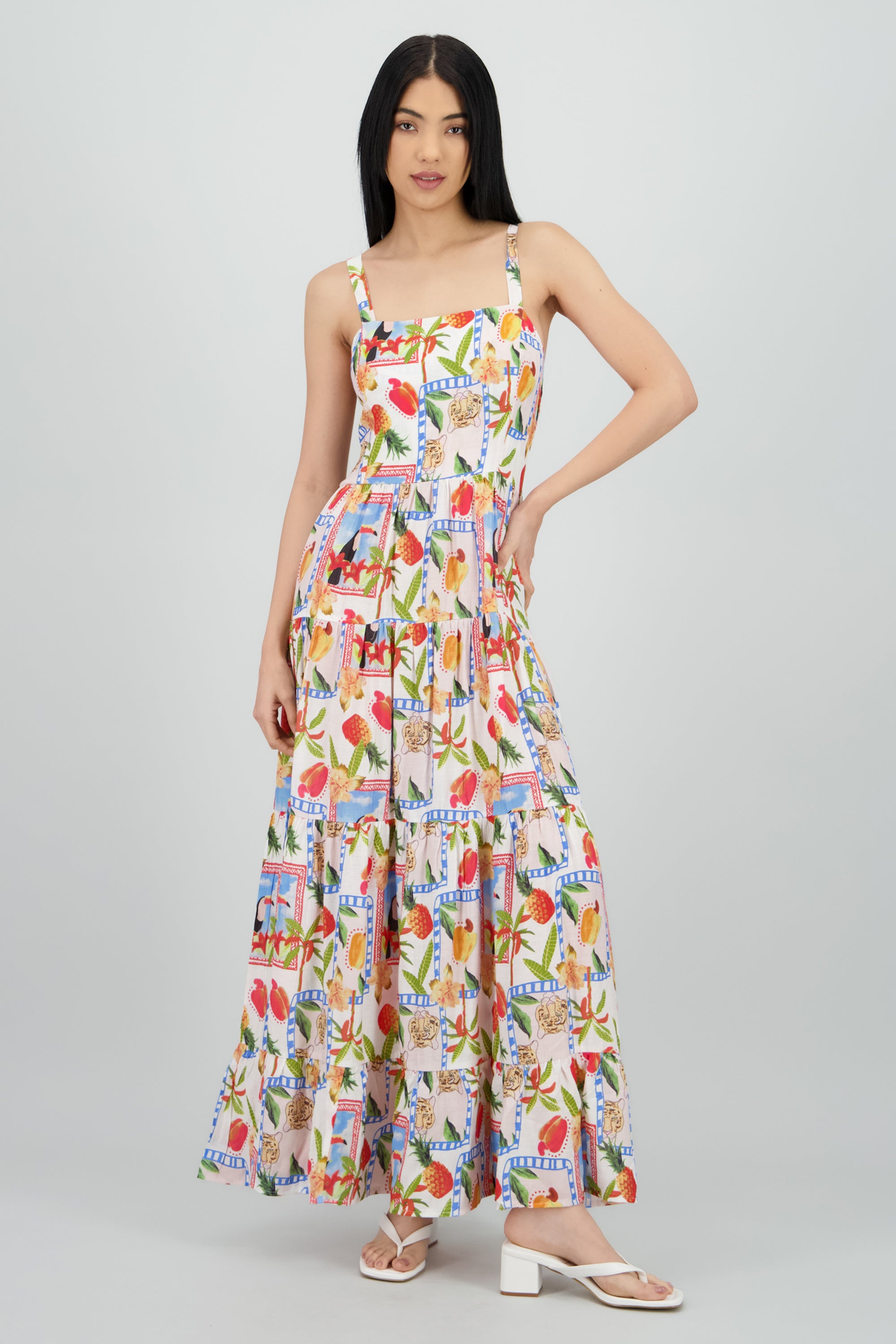 Vestido estampado tropical con tirantes MULTICOLOR