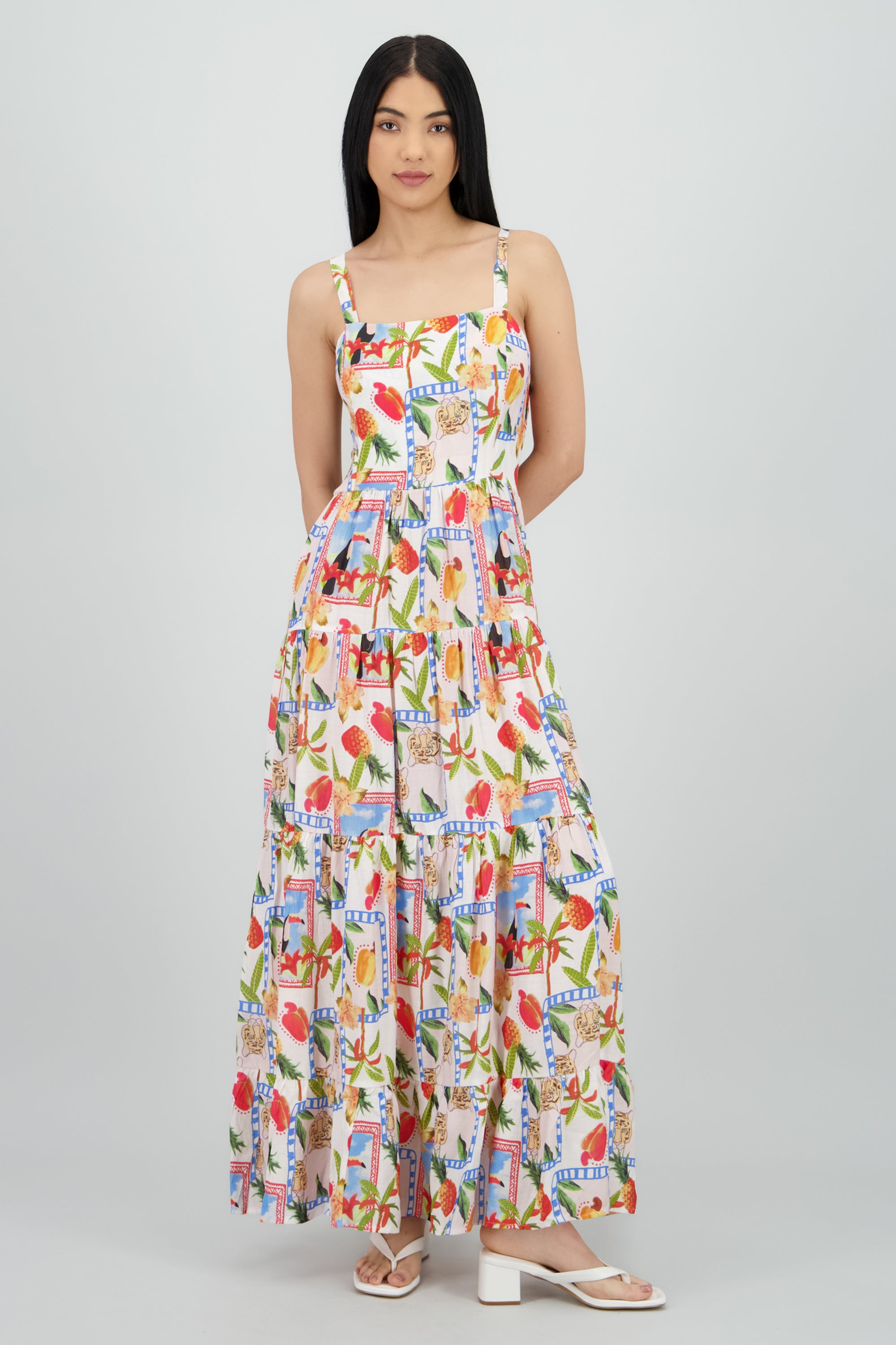 Vestido estampado tropical con tirantes MULTICOLOR
