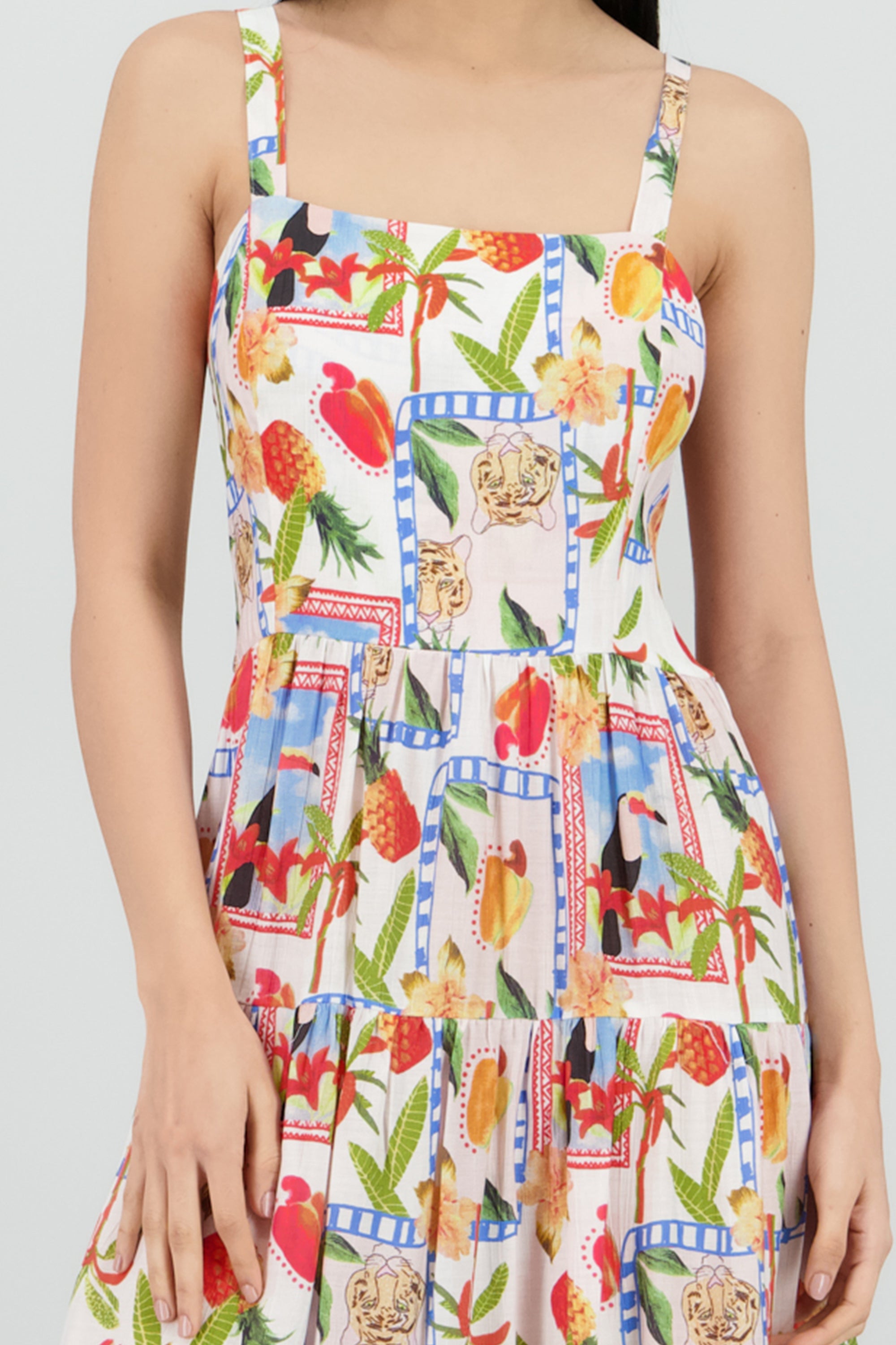 Vestido estampado tropical con tirantes MULTICOLOR