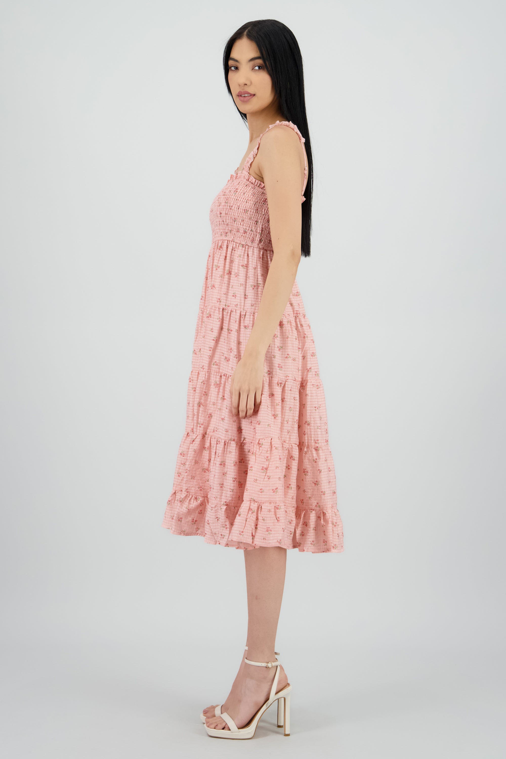 Vestido con smocking estampado de flores ROSA COMBO
