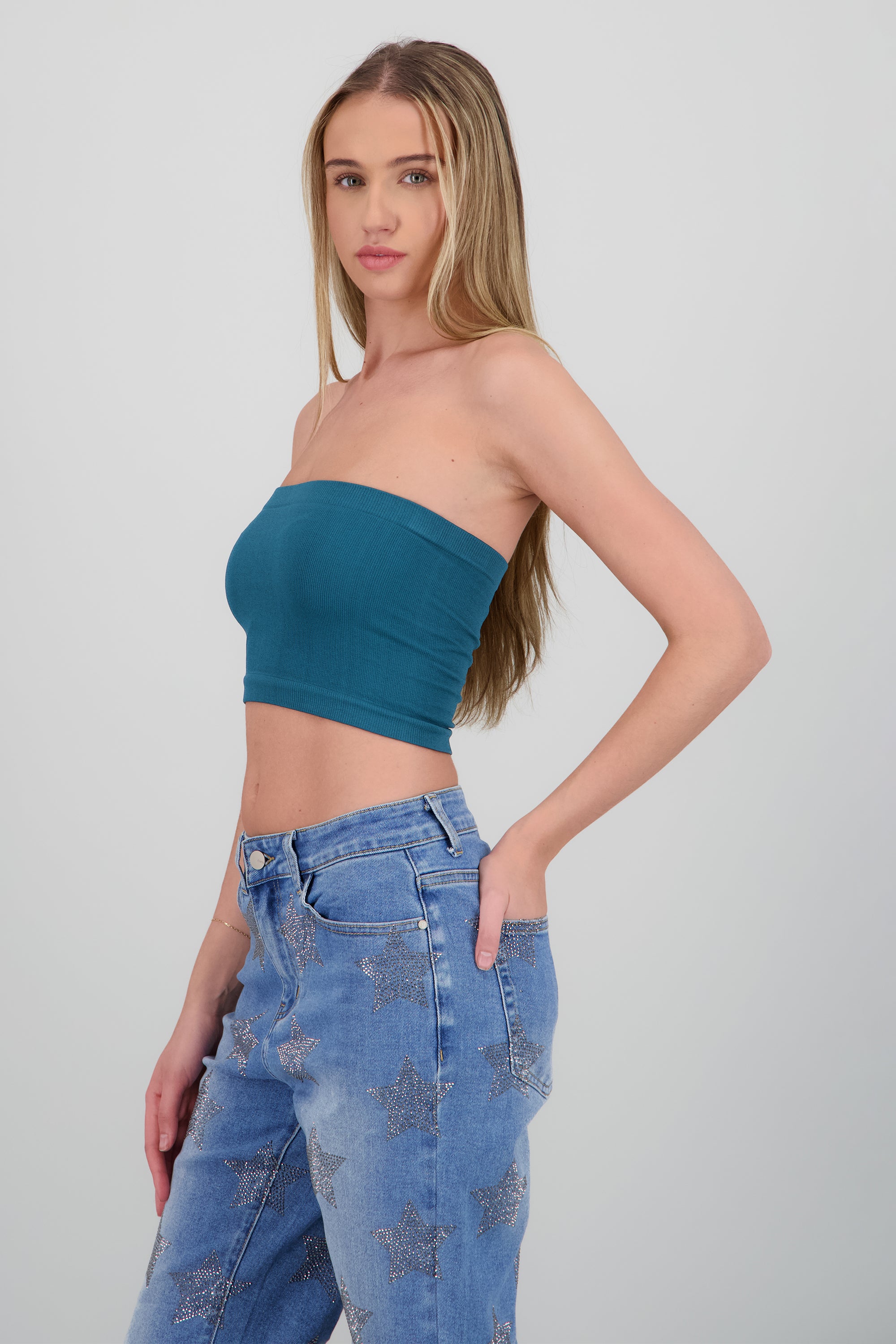 Top Tubo Strapless Rib AZUL PATO