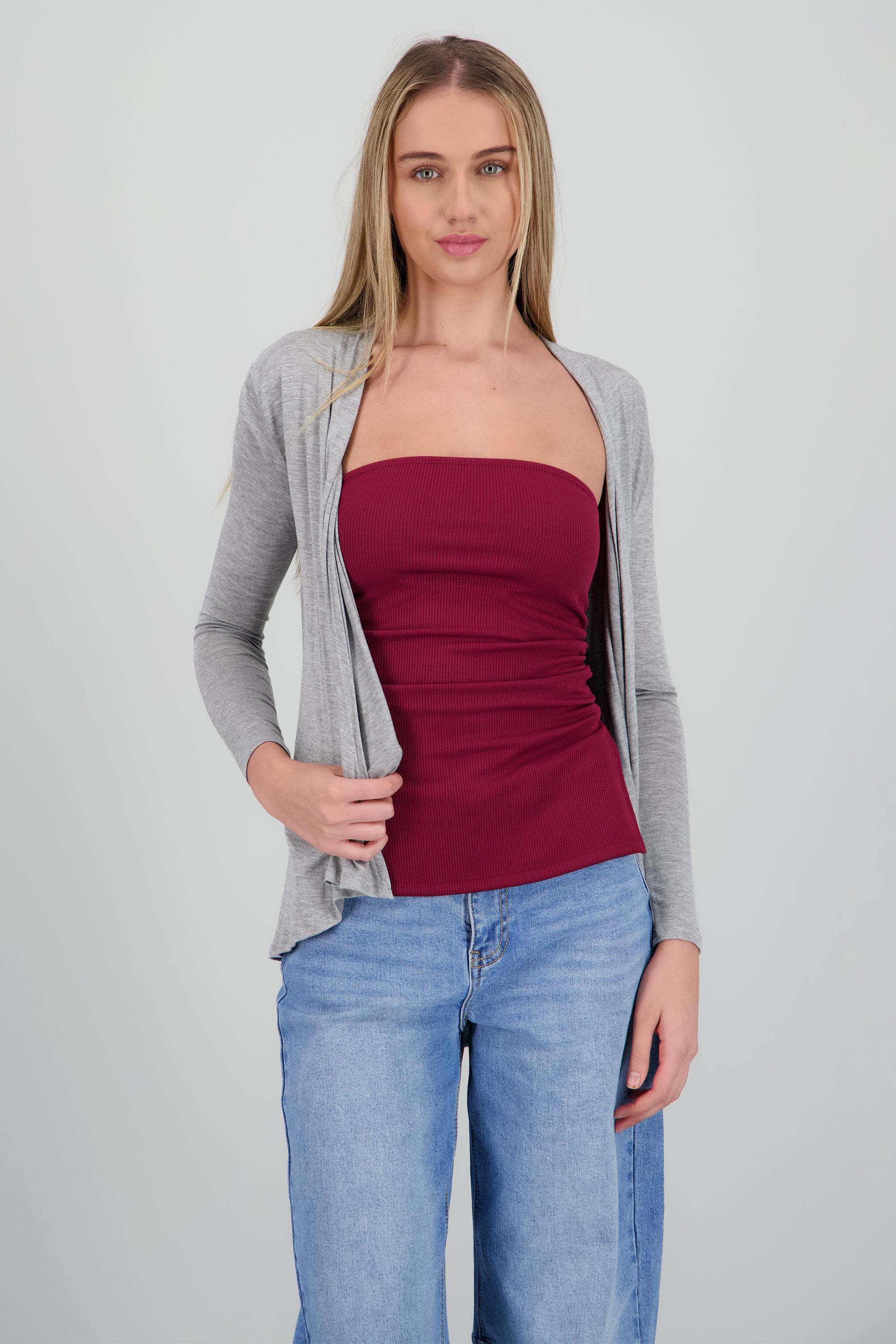 Cárdigan Corto Caída Cascada Manga Larga GRIS JASPE