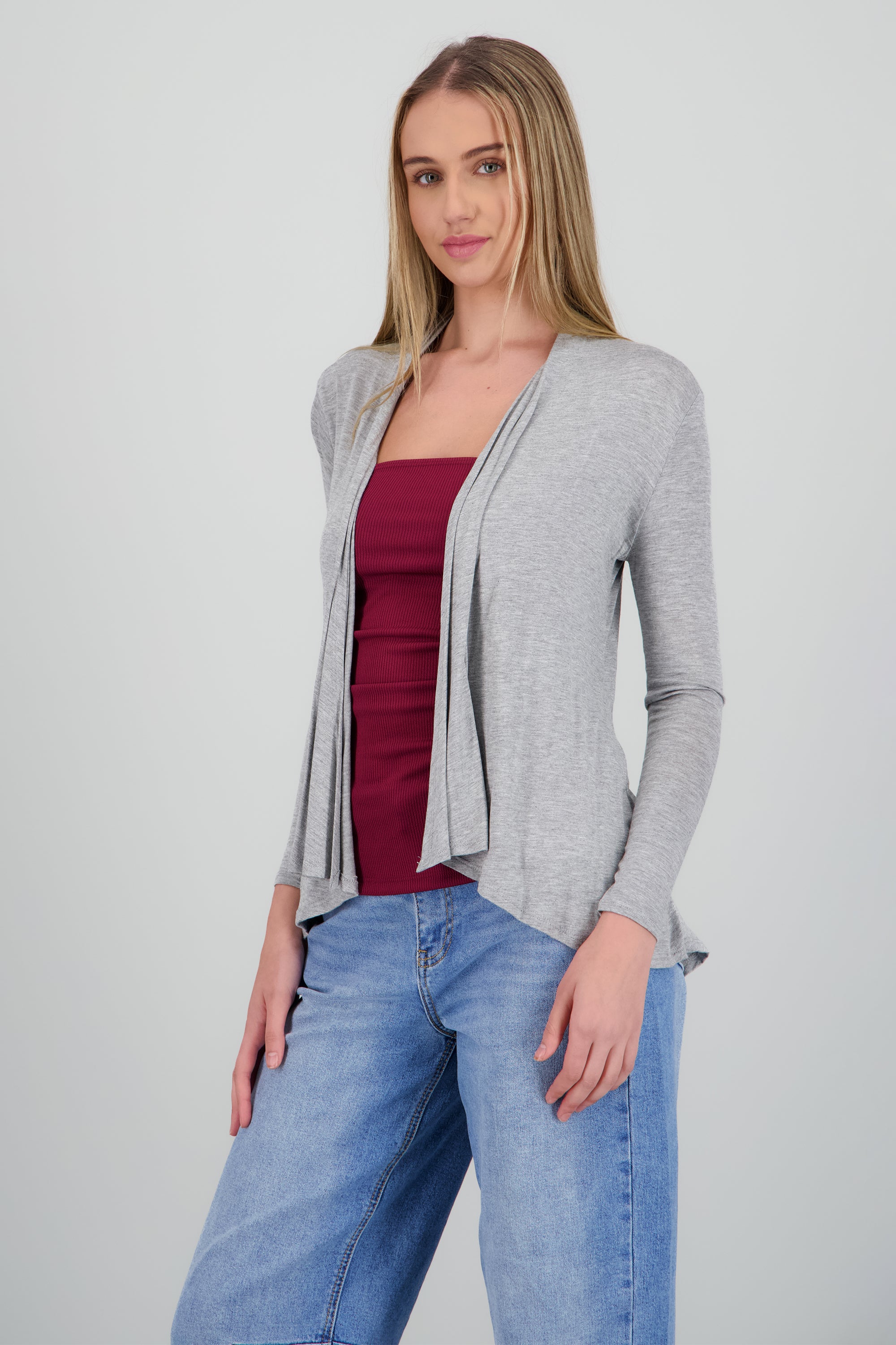 Cárdigan Corto Caída Cascada Manga Larga GRIS JASPE