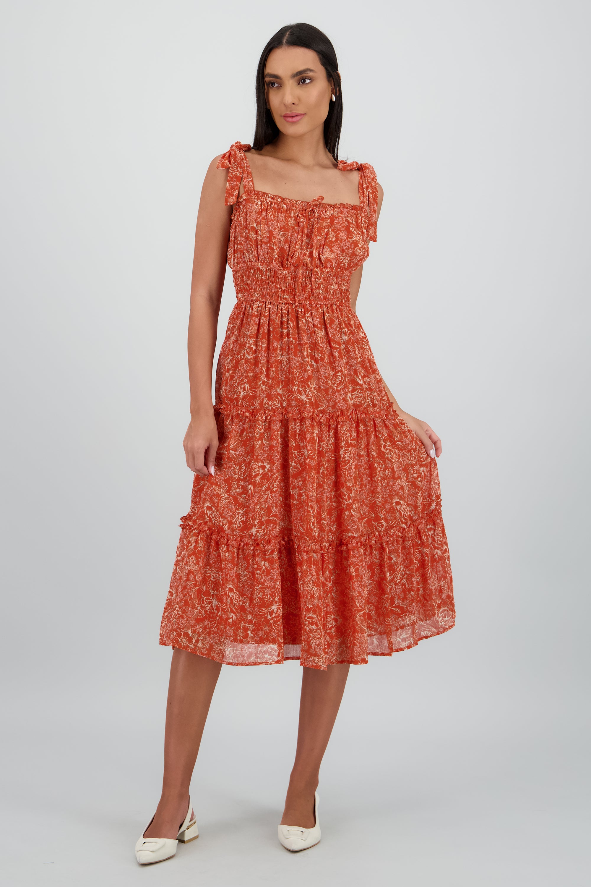 Vestido midi flores tropicales LADRILLO