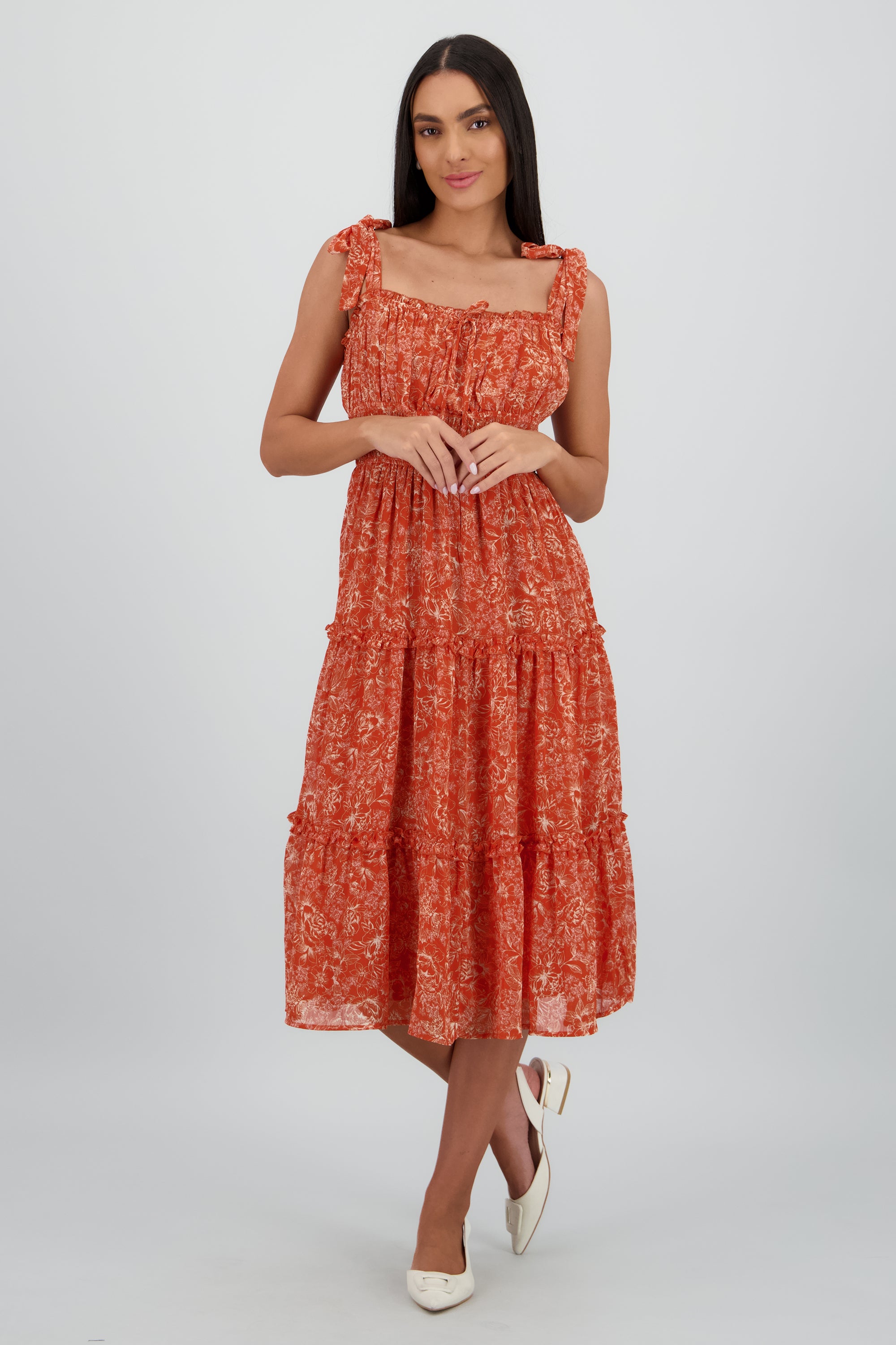 Vestido midi flores tropicales LADRILLO