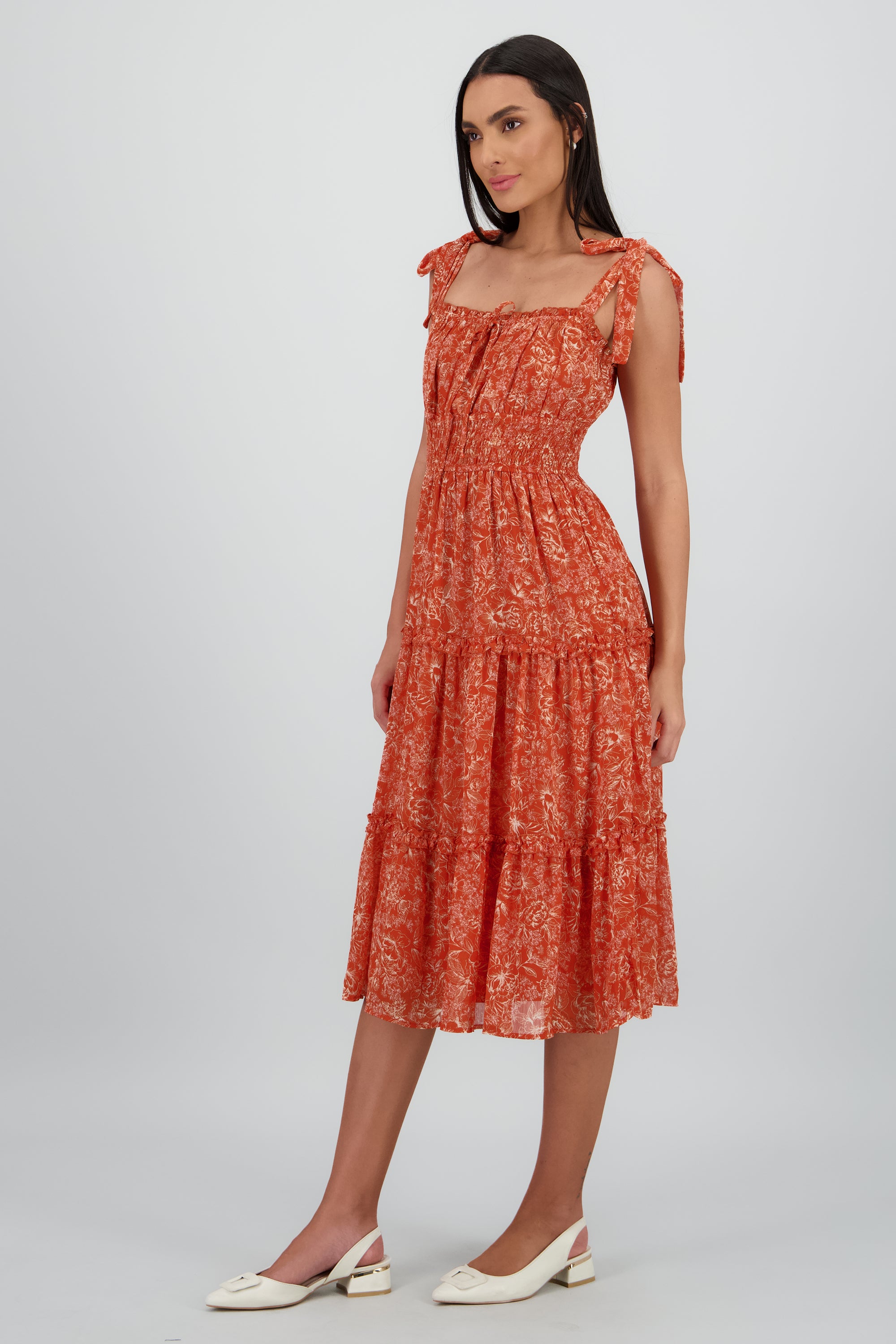 Vestido midi flores tropicales LADRILLO
