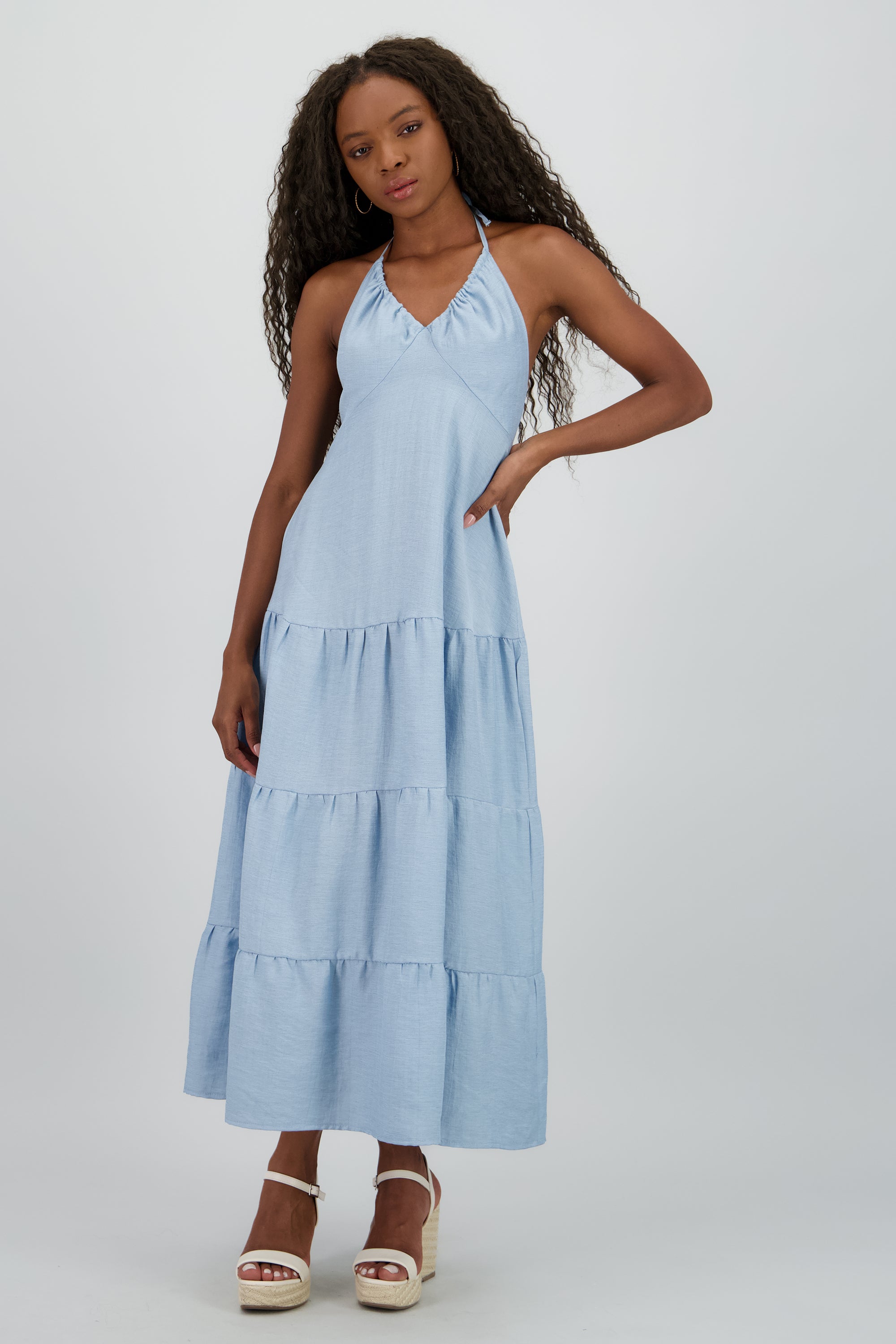 Vestido maxi halter lino AZUL CIELO