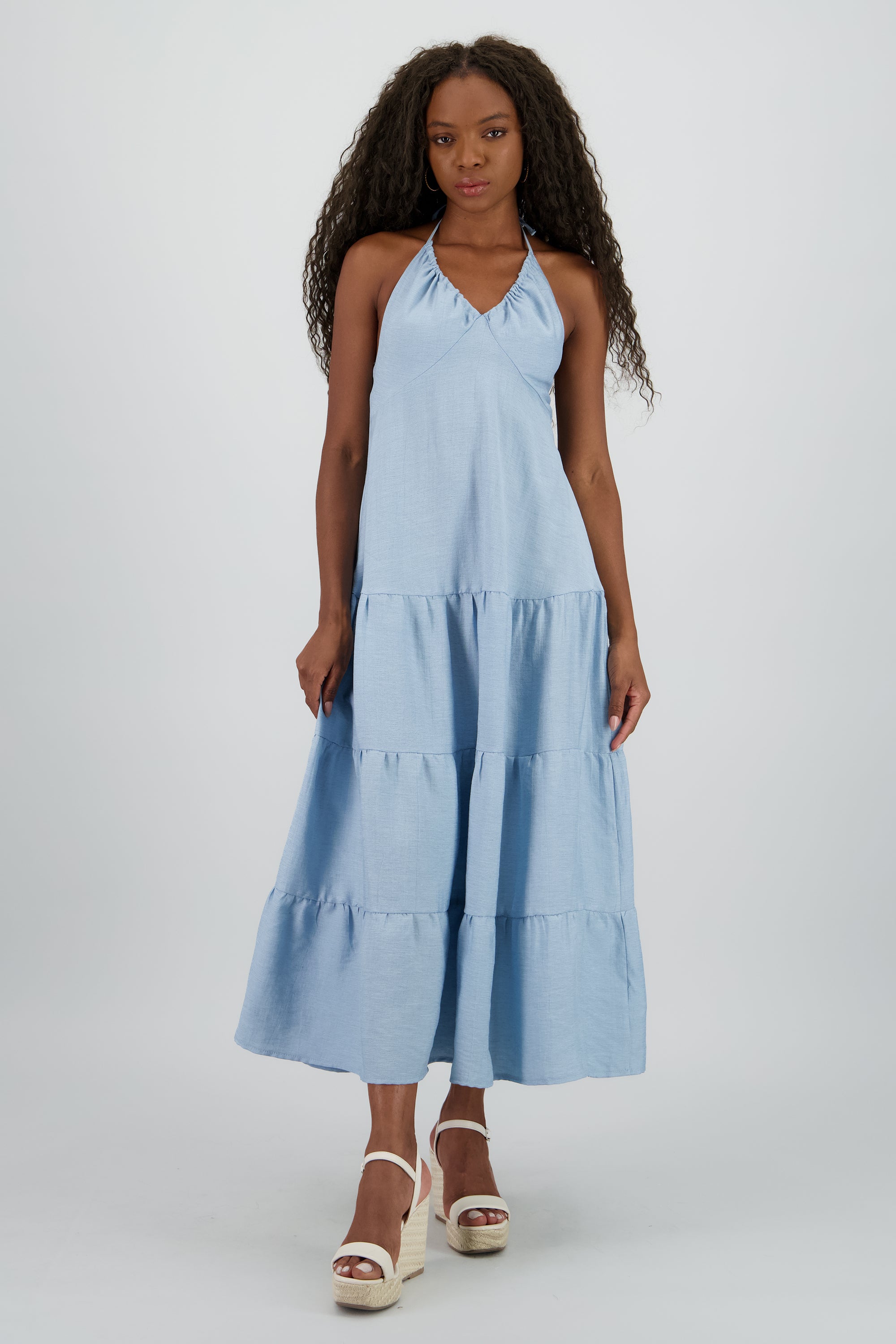 Vestido maxi halter lino AZUL CIELO