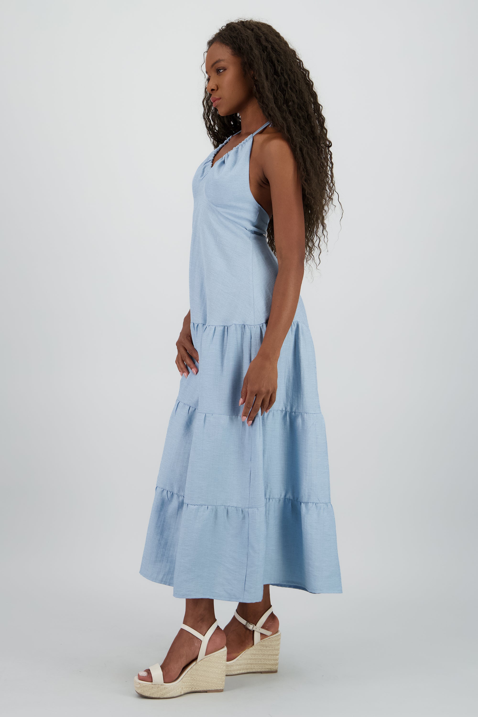 Vestido maxi halter lino AZUL CIELO