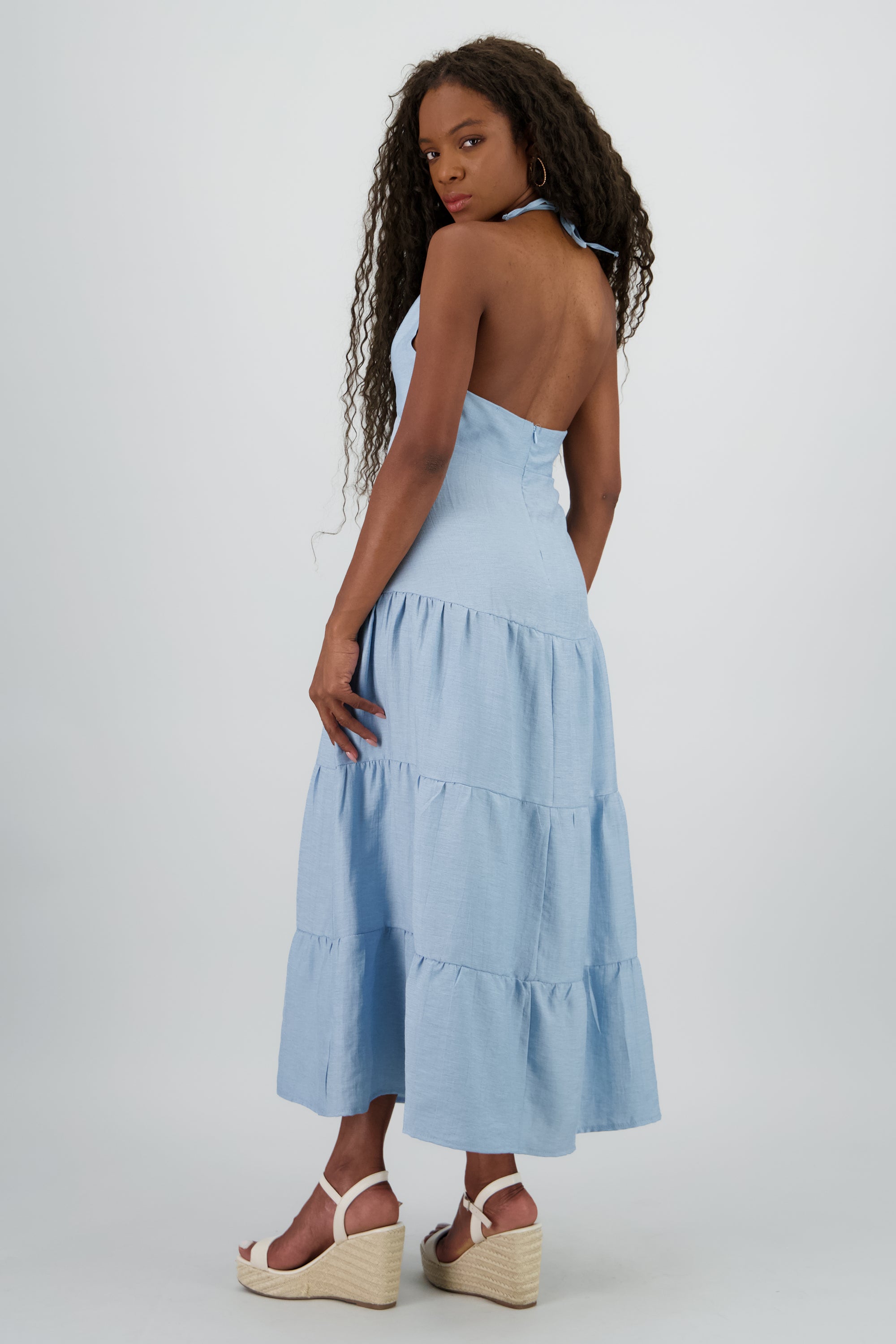 Vestido maxi halter lino AZUL CIELO