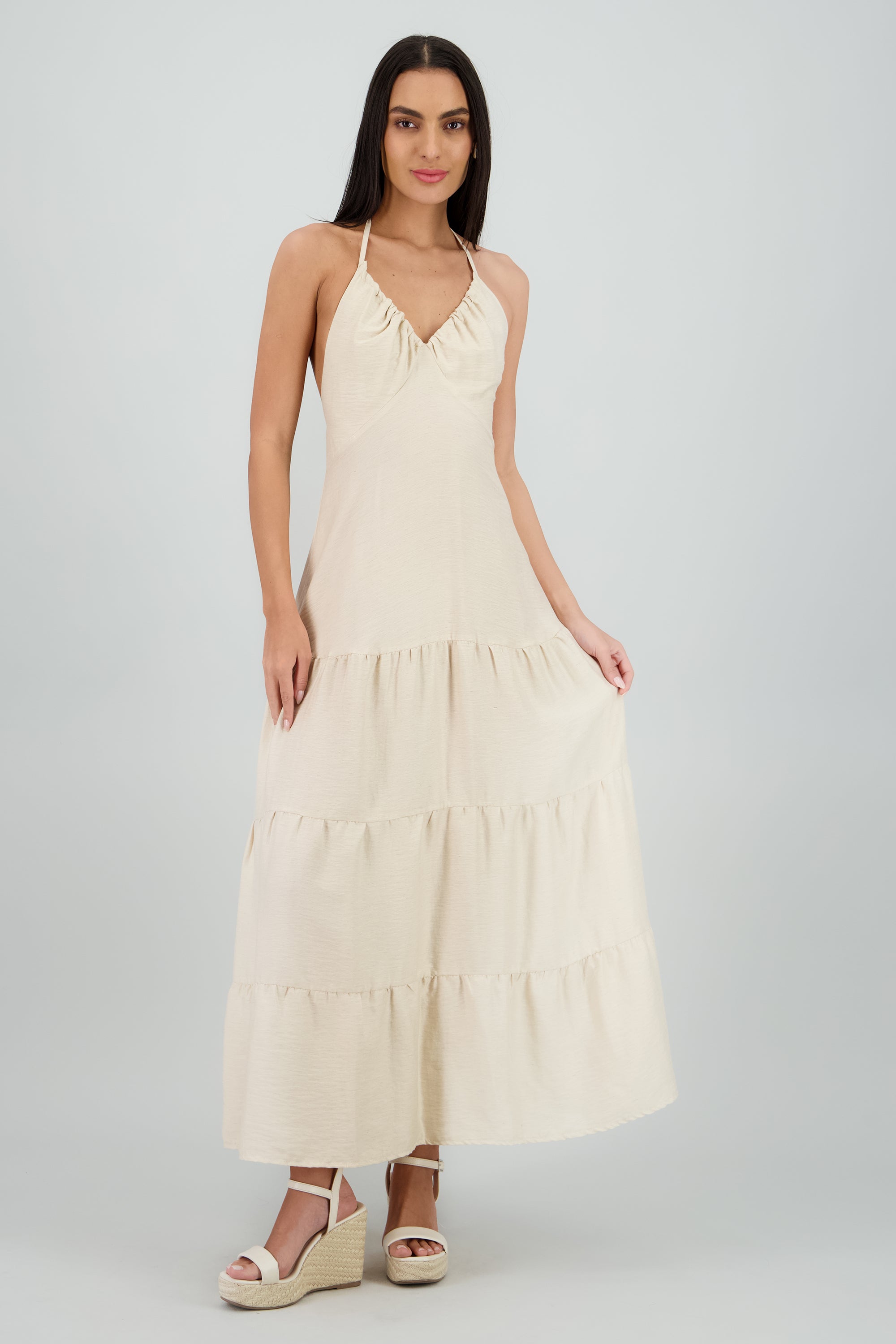 Vestido maxi halter lino CREMA