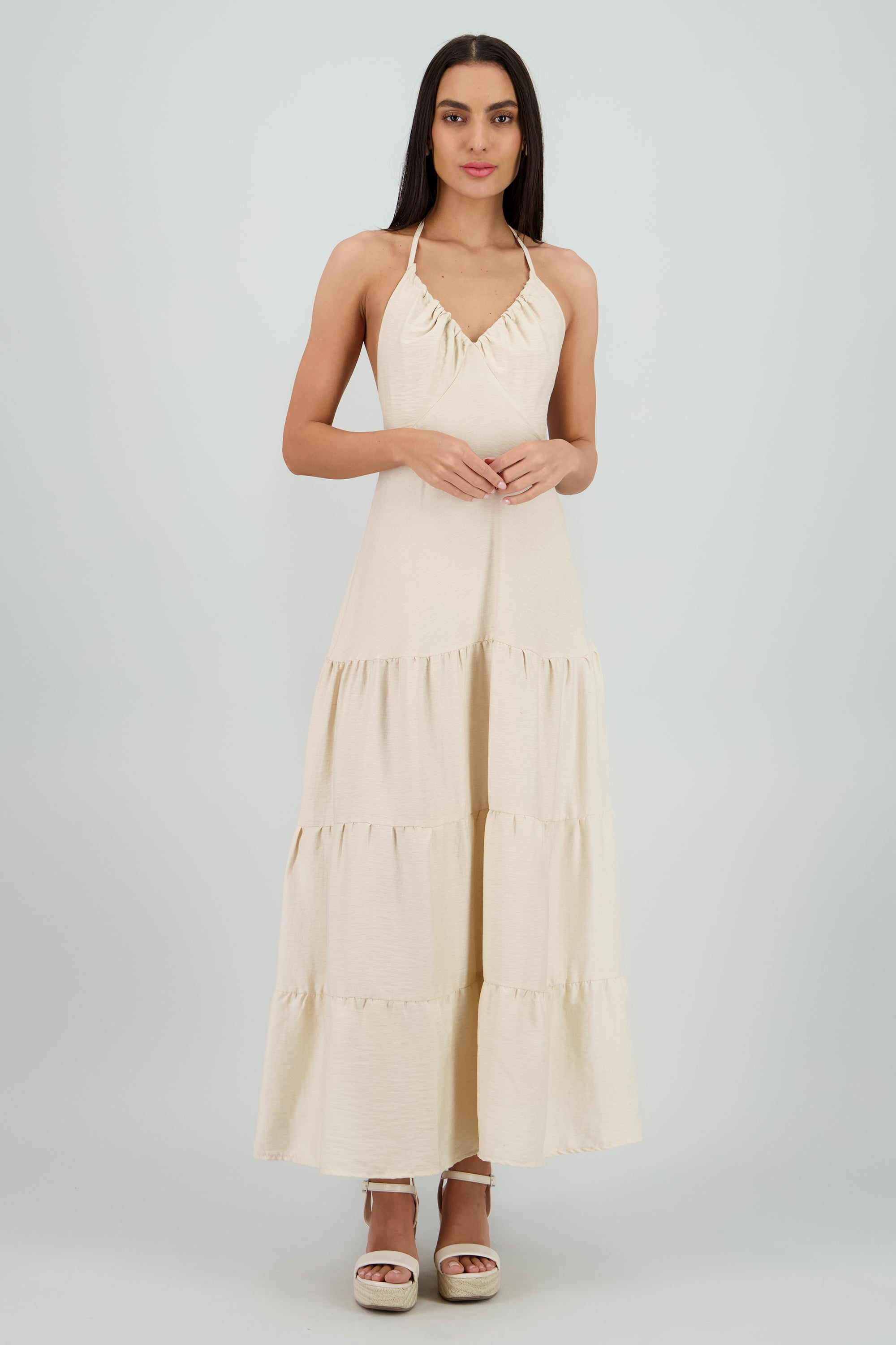 Vestido maxi halter lino CREMA