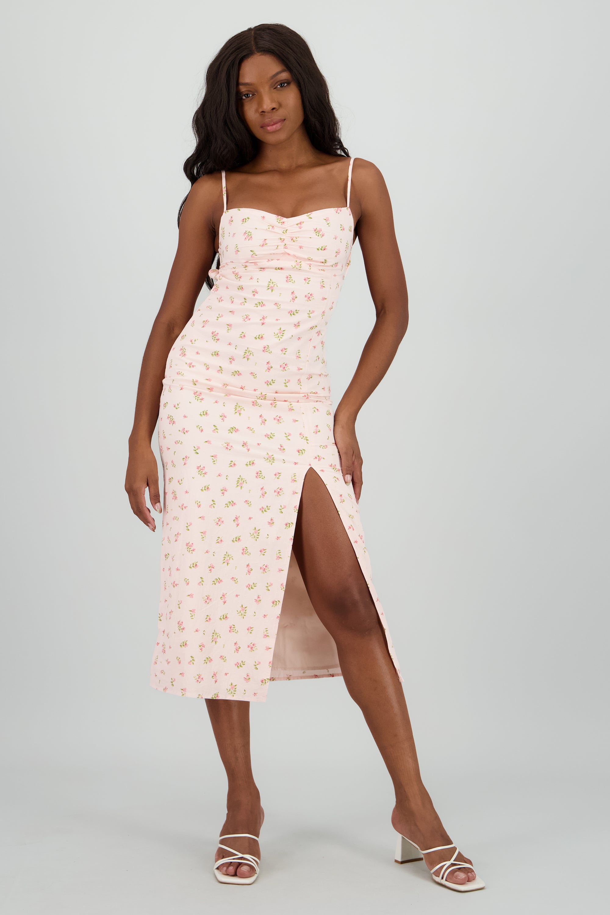 Vestido con detalle y estampado de flores ROSA COMBO