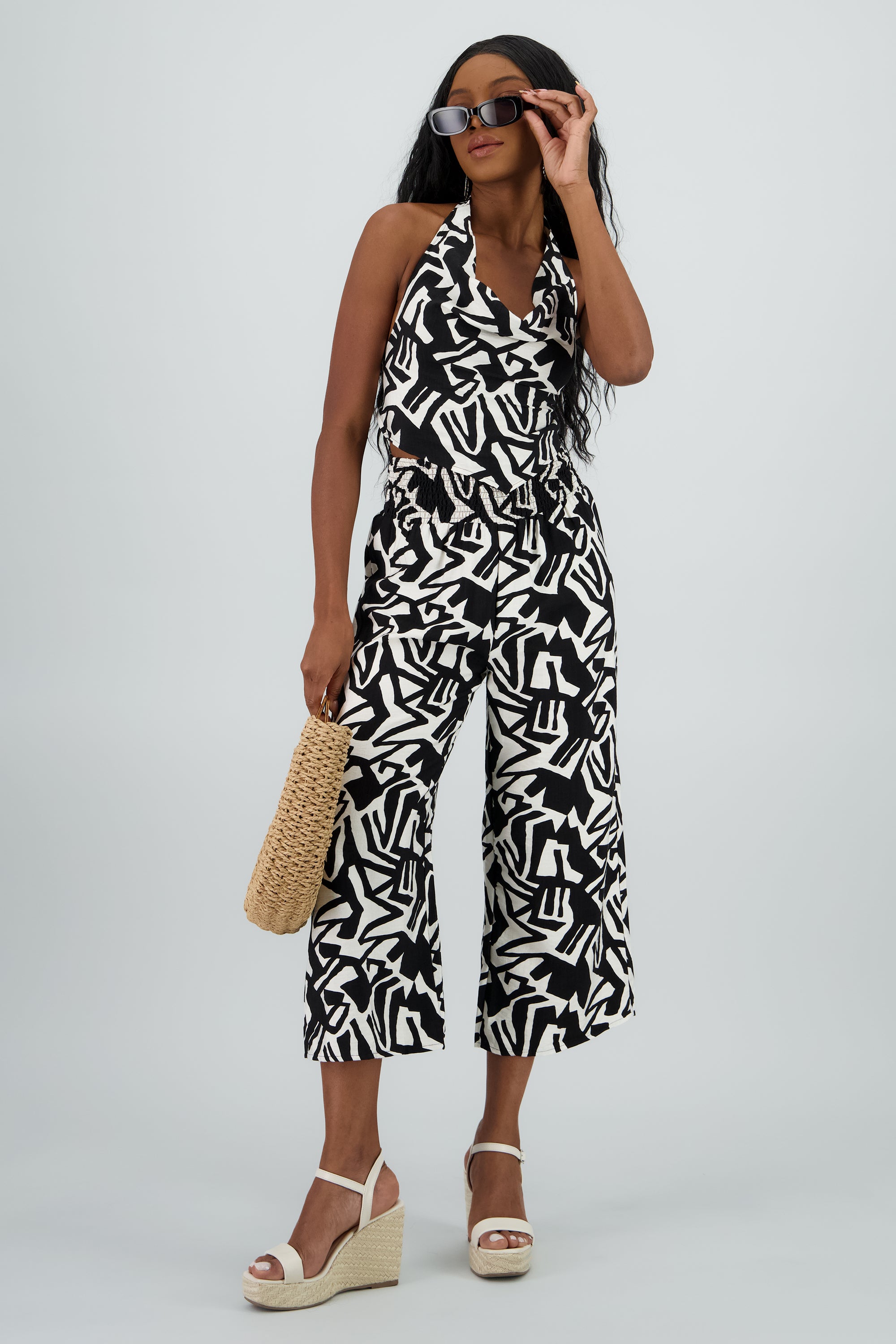 Pantalones estampados con resorte wide leg NEGRO COMBO