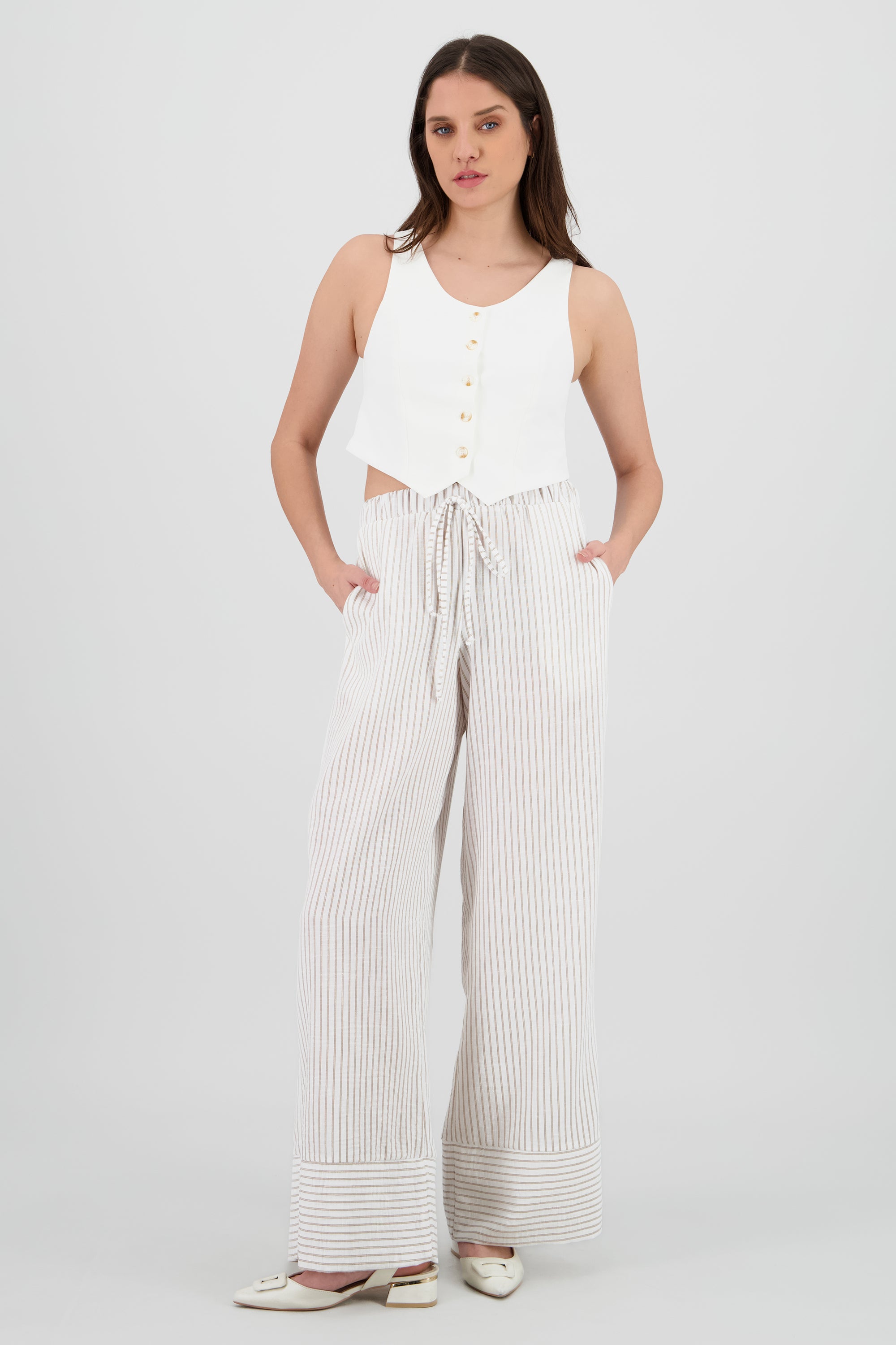 Pantalon ligero detalle rayas HUESO COMBO